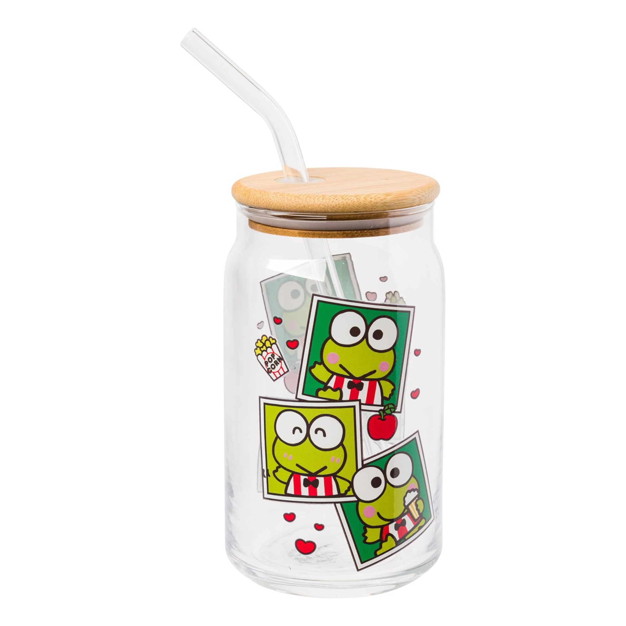 Close-up of the Keroppi Snacks glass tumbler with bamboo lid and straw, showing the snack motif design