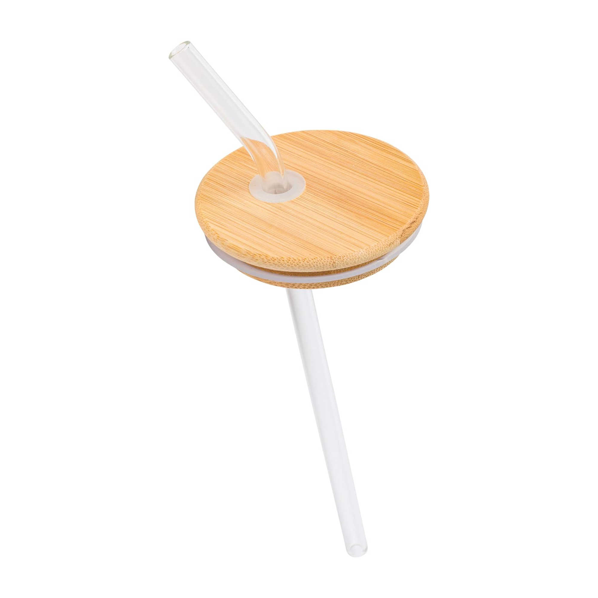 Close-up of My Melody bamboo lid glass tumbler with straw.