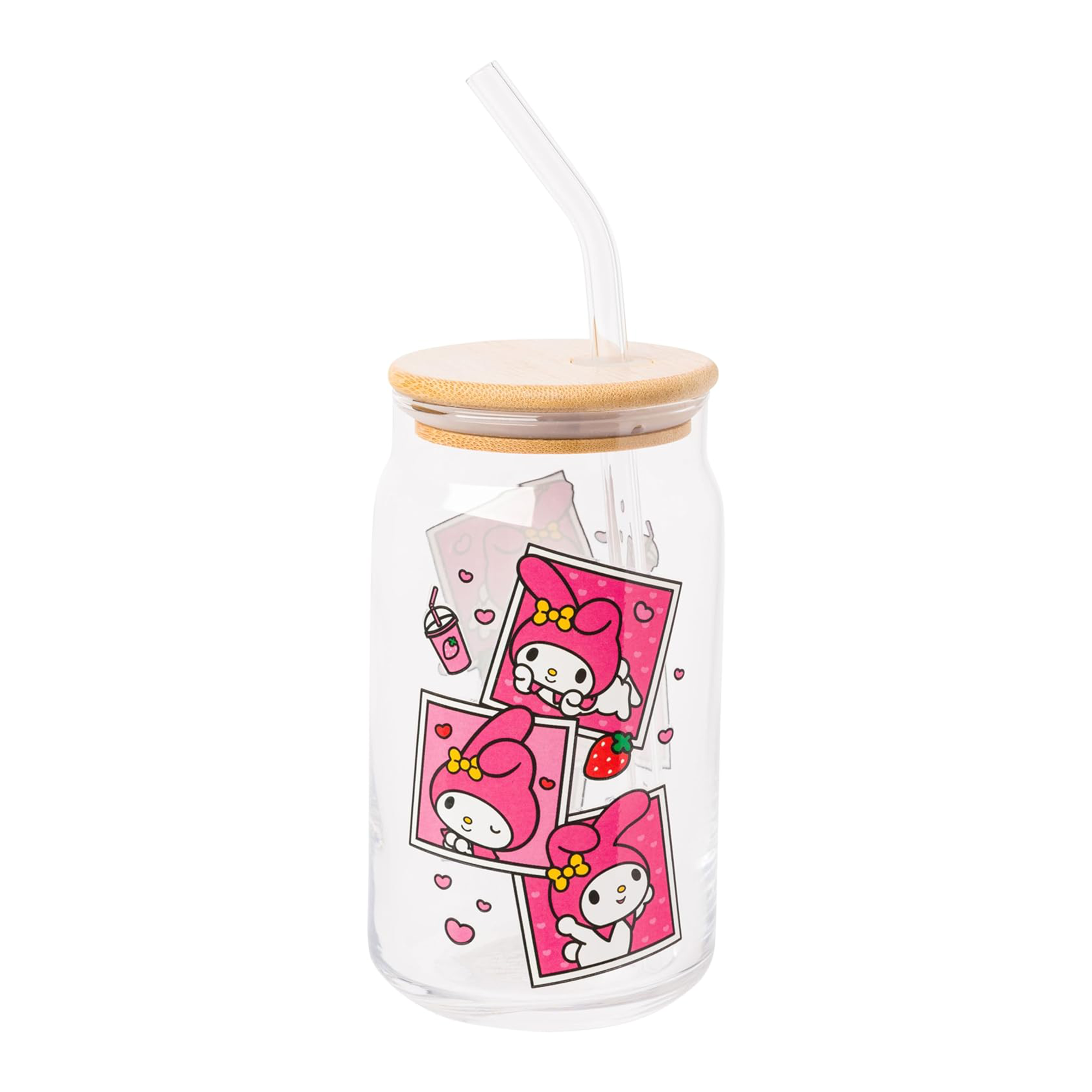 Close-up of My Melody bamboo lid glass tumbler with straw.