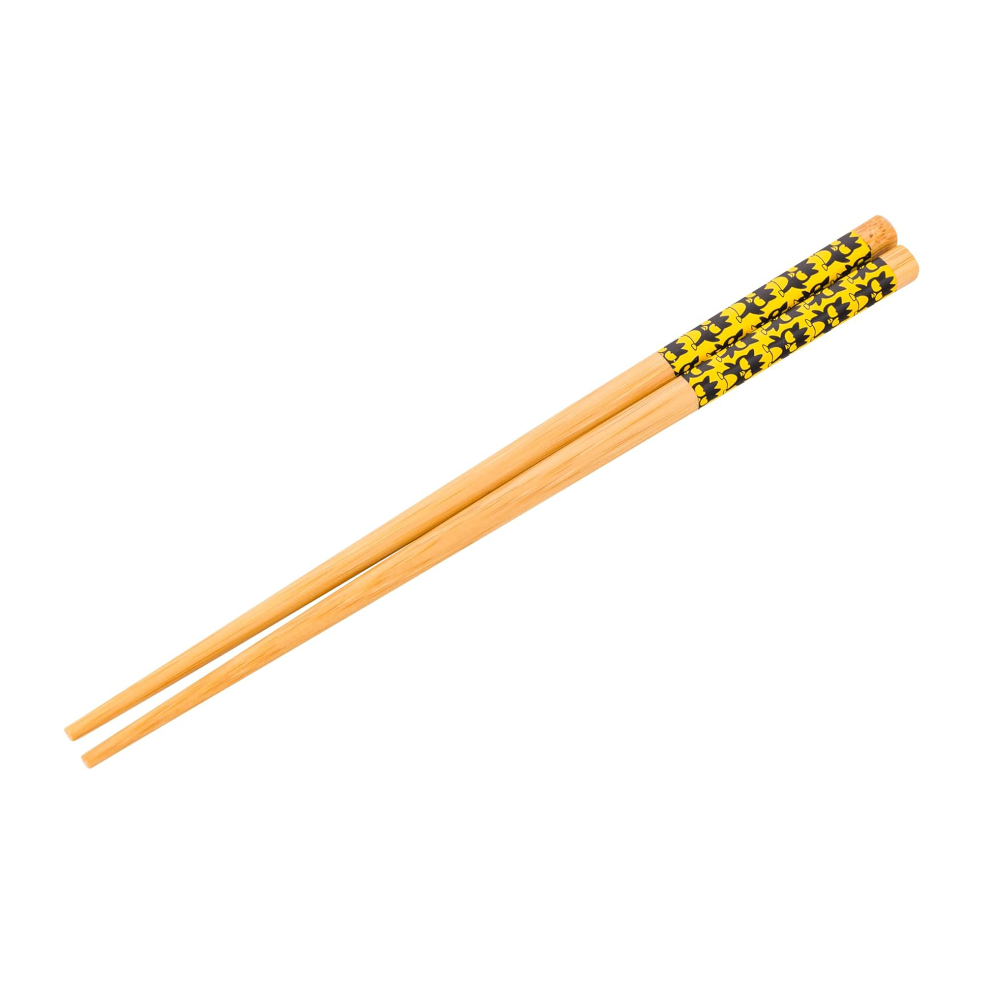 Close-up of the striped Badtz-maru bowl and chopstick and spoon set in use with noodles.