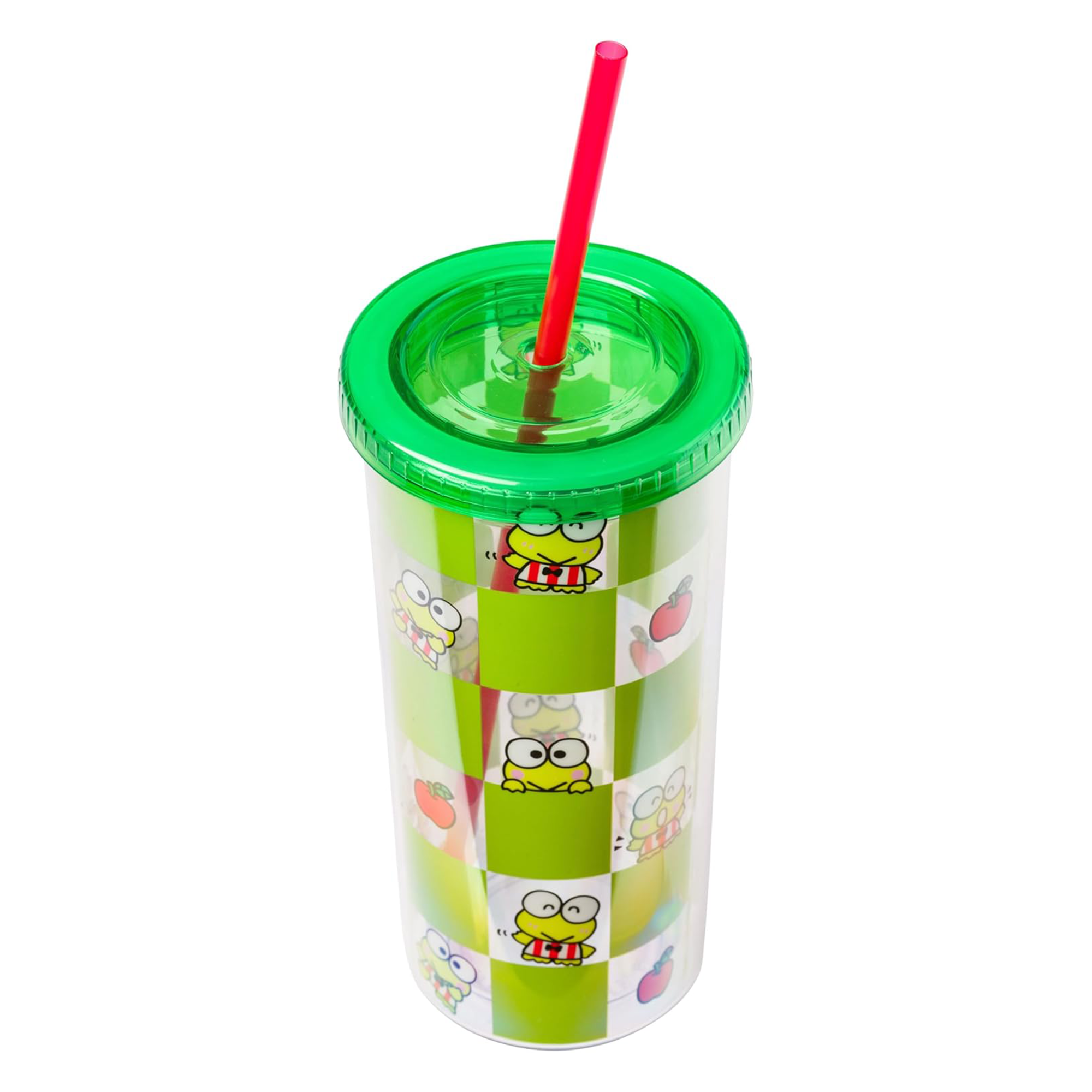 Close-up view of the Keroppi travel tumbler lid and straw.