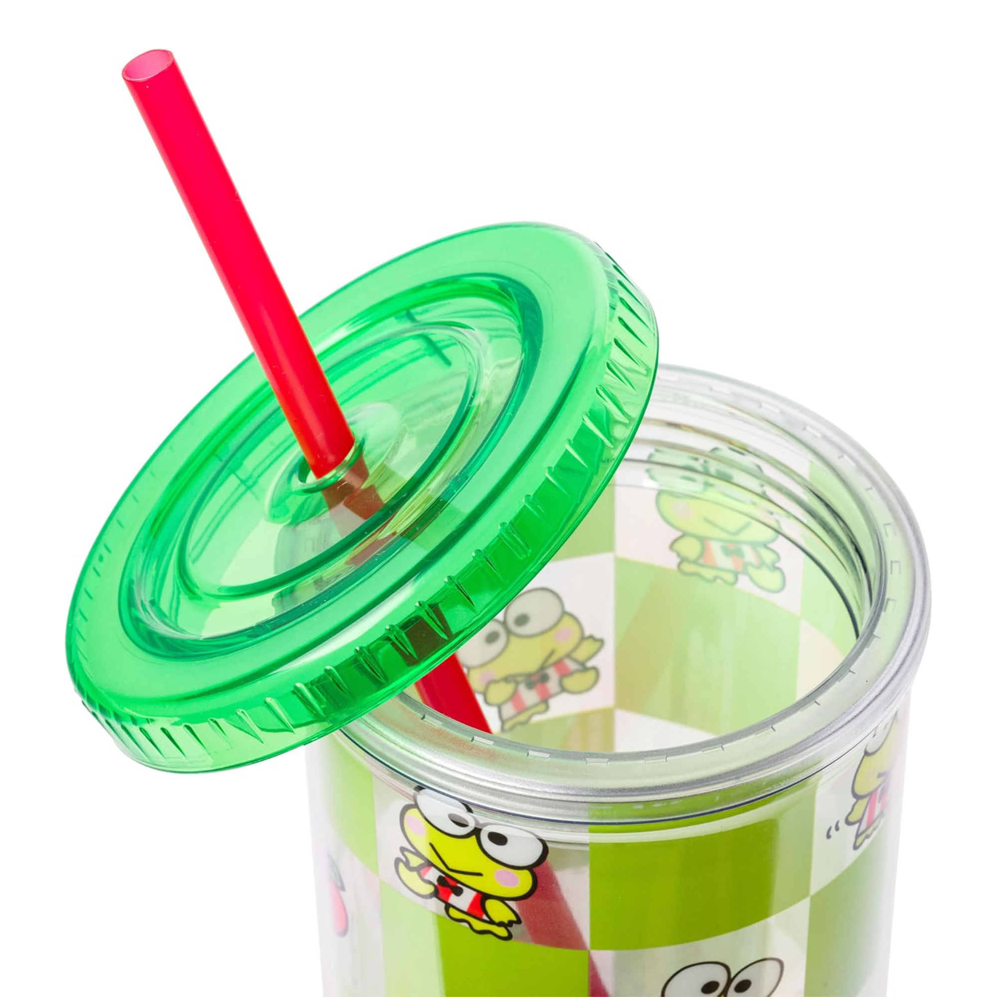 Keroppi tumbler filled with a refreshing cold beverage outdoors.
