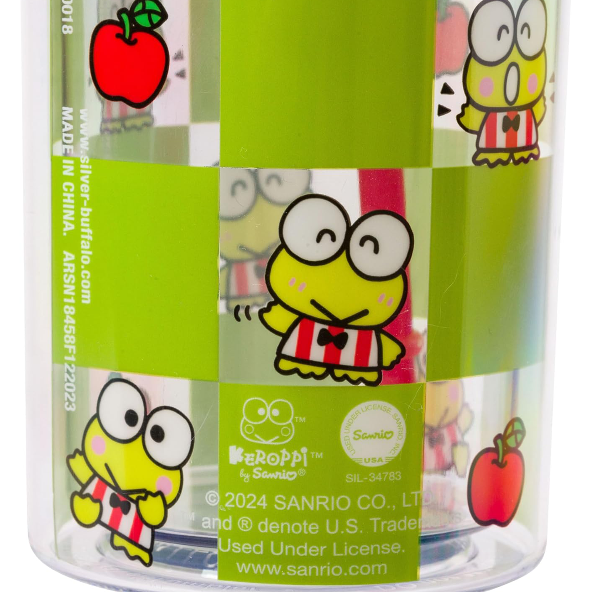 Keroppi travel tumbler showcasing a checkered apple design from the side.