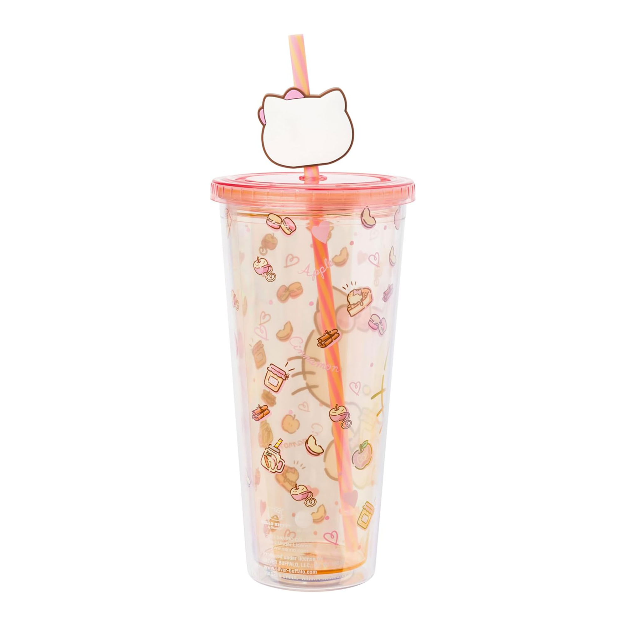 Close-up of Hello Kitty 24oz tumbler with secure lid and cute character topper