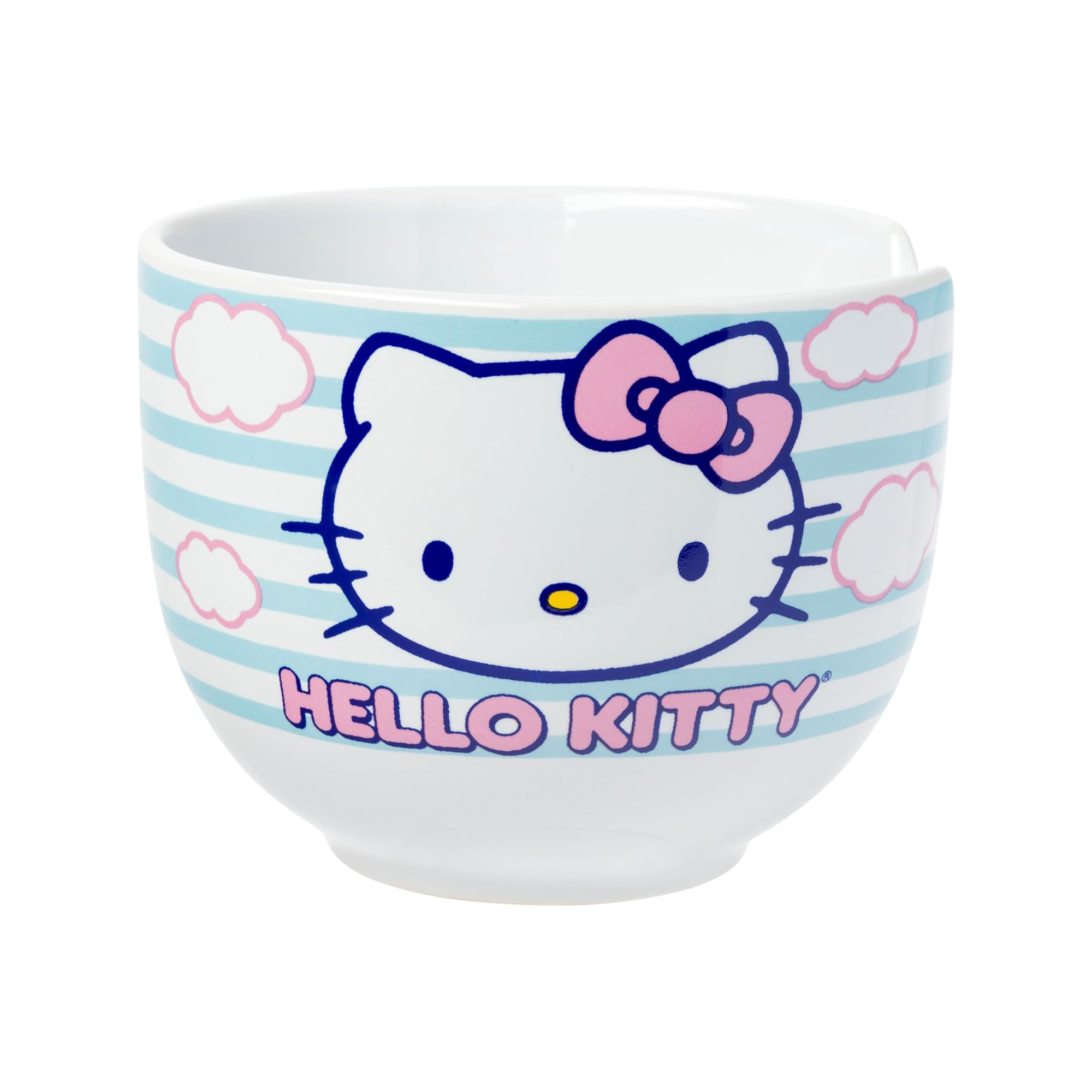 Side view of ceramic ramen bowl set featuring Hello Kitty design.