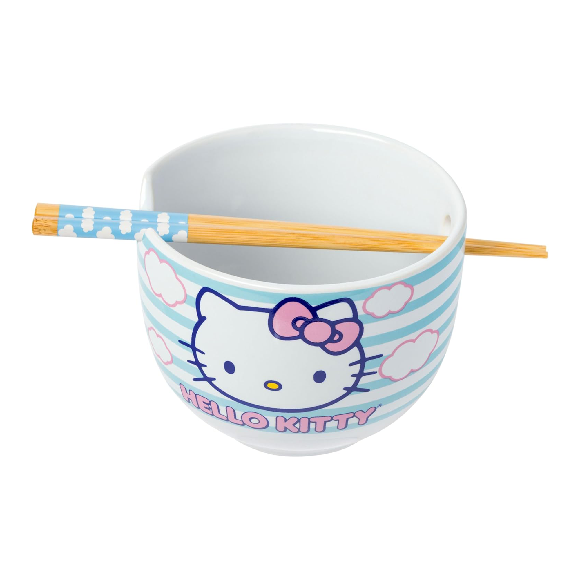 Side view of ceramic ramen bowl set featuring Hello Kitty design.