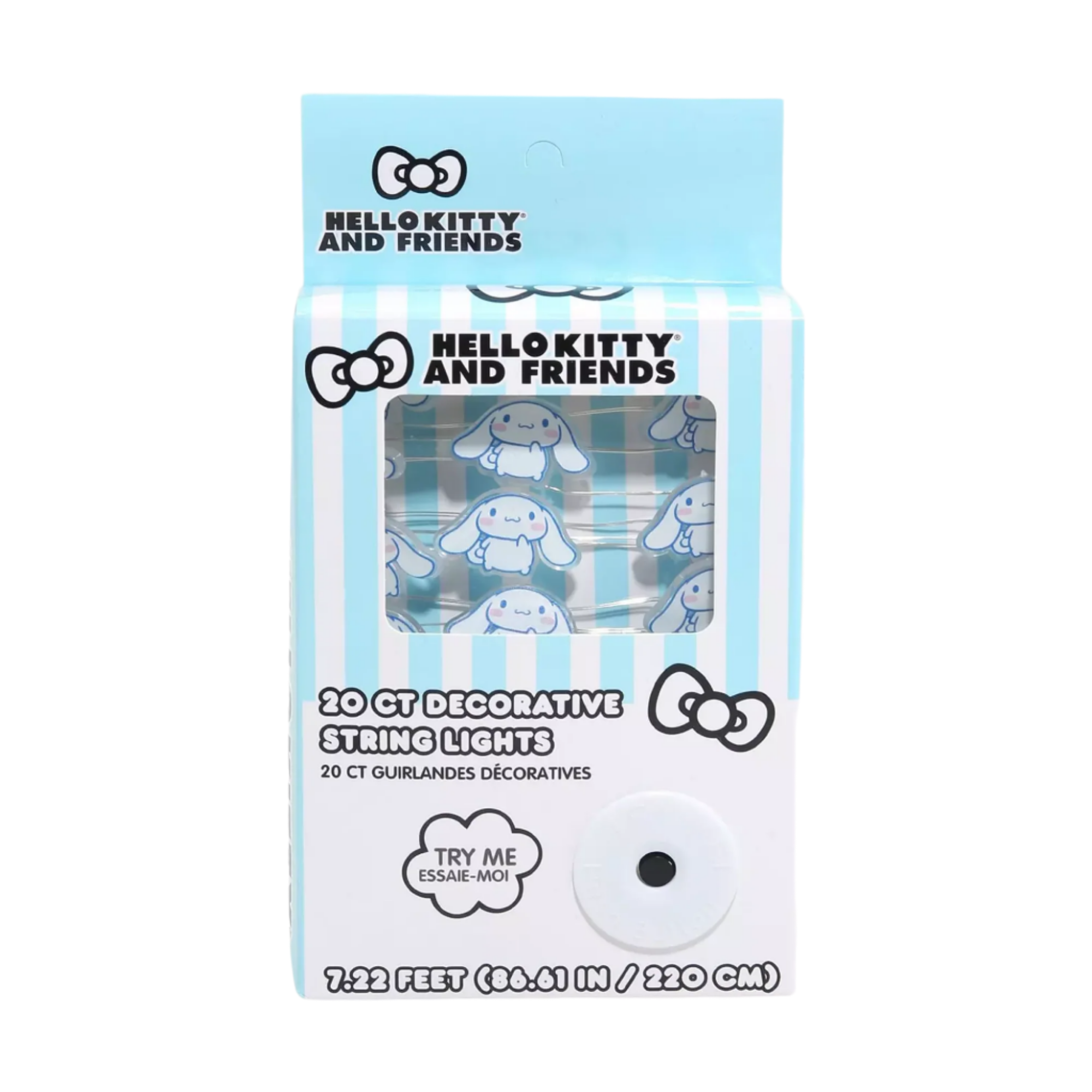 Close-up of Cinnamoroll LED string lights glowing softly over a headboard