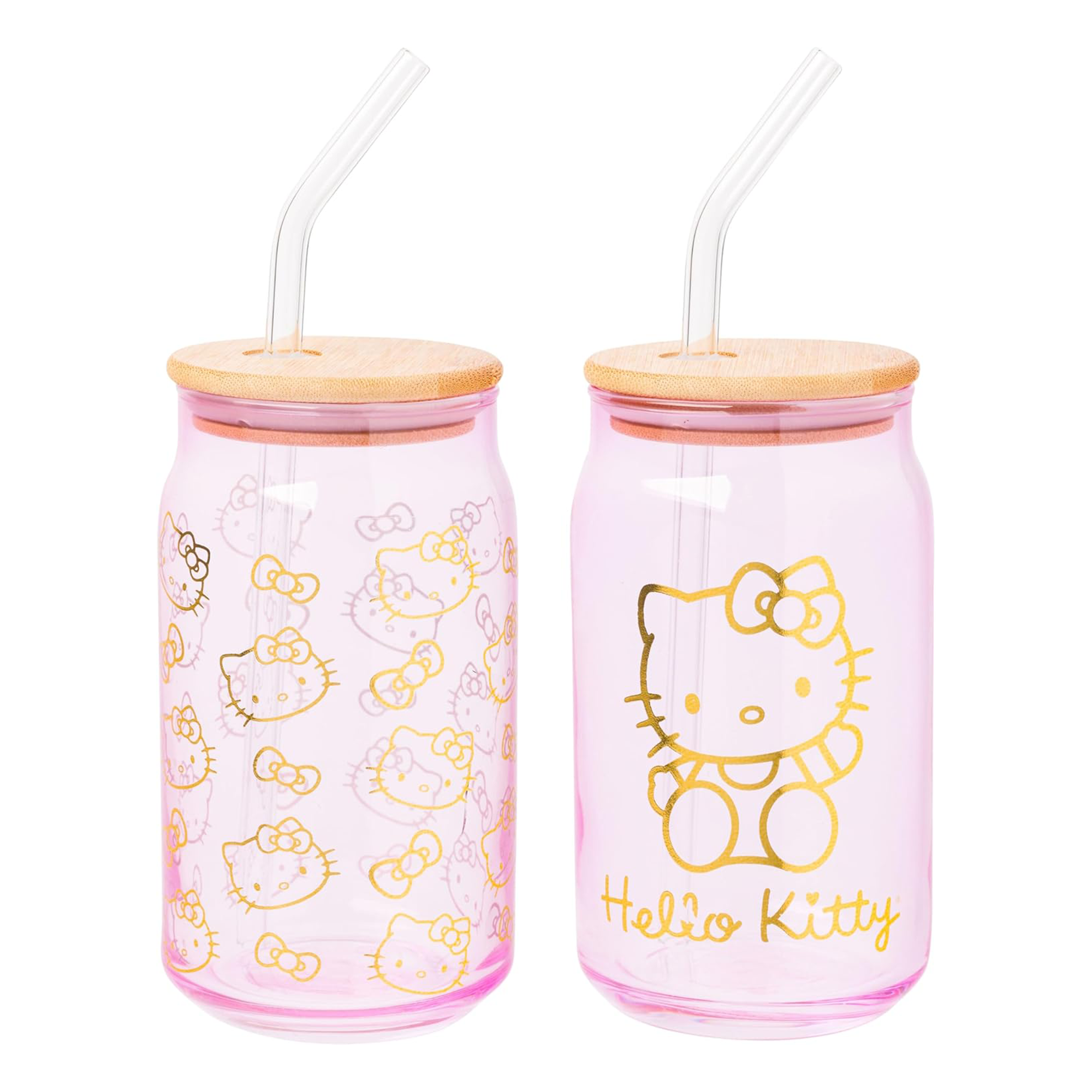 Close-up of pink Hello Kitty glass tumbler with bamboo lid and gold foil design