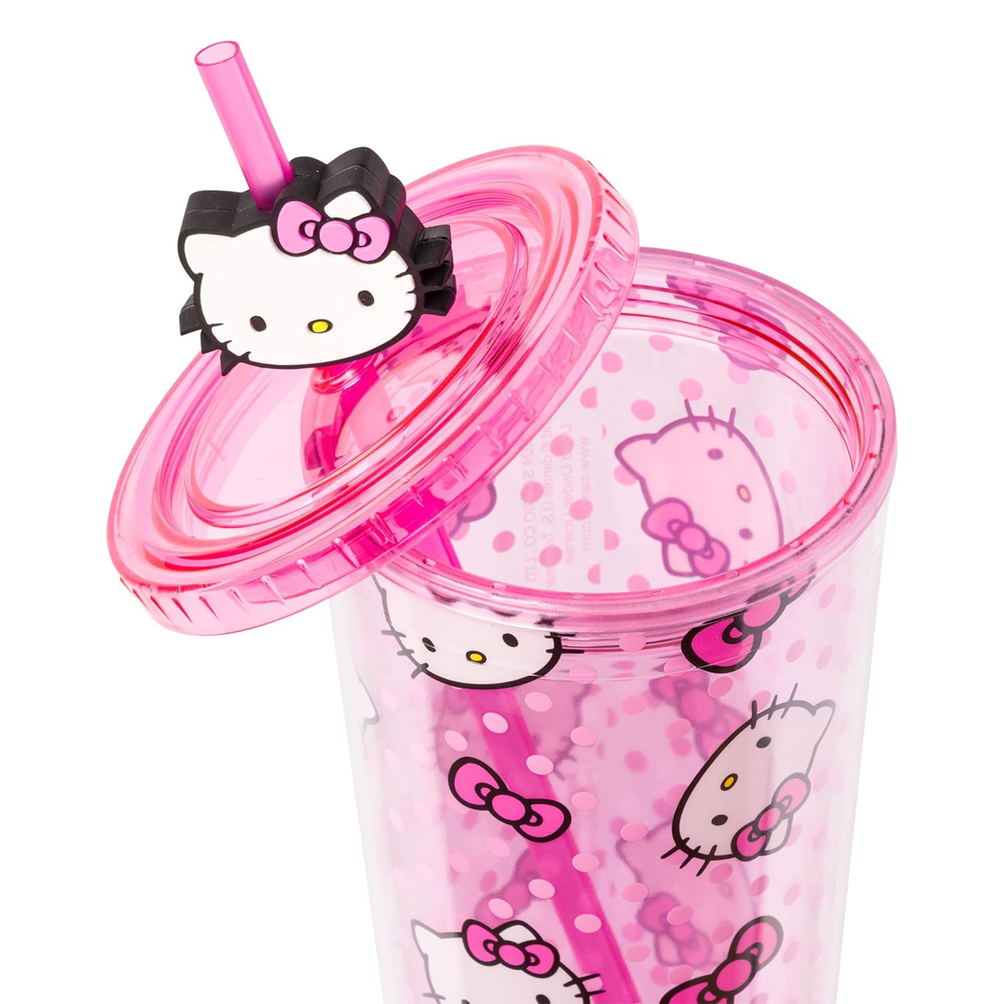 Top view showcasing secure lid and Hello Kitty straw topper, ideal for travel