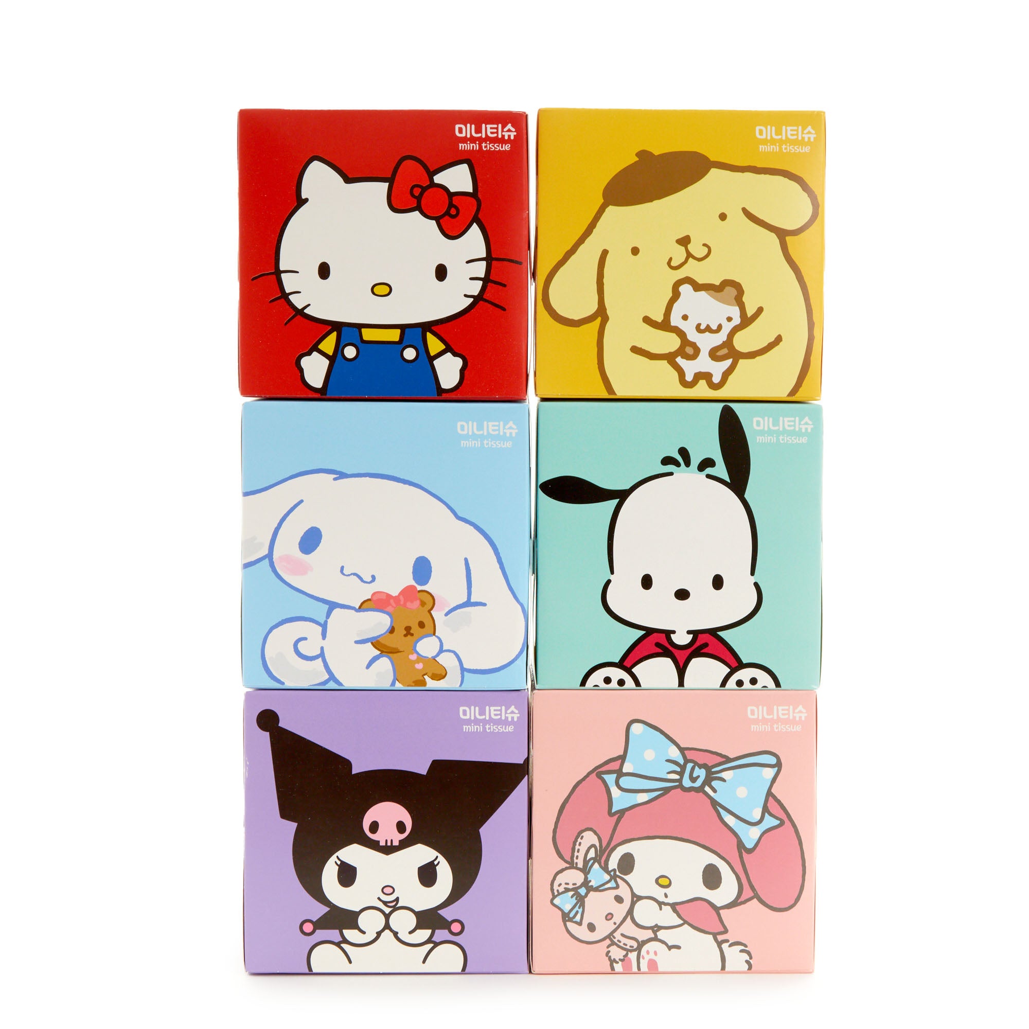 Front view of Hello Kitty mini tissue boxes with colorful character design