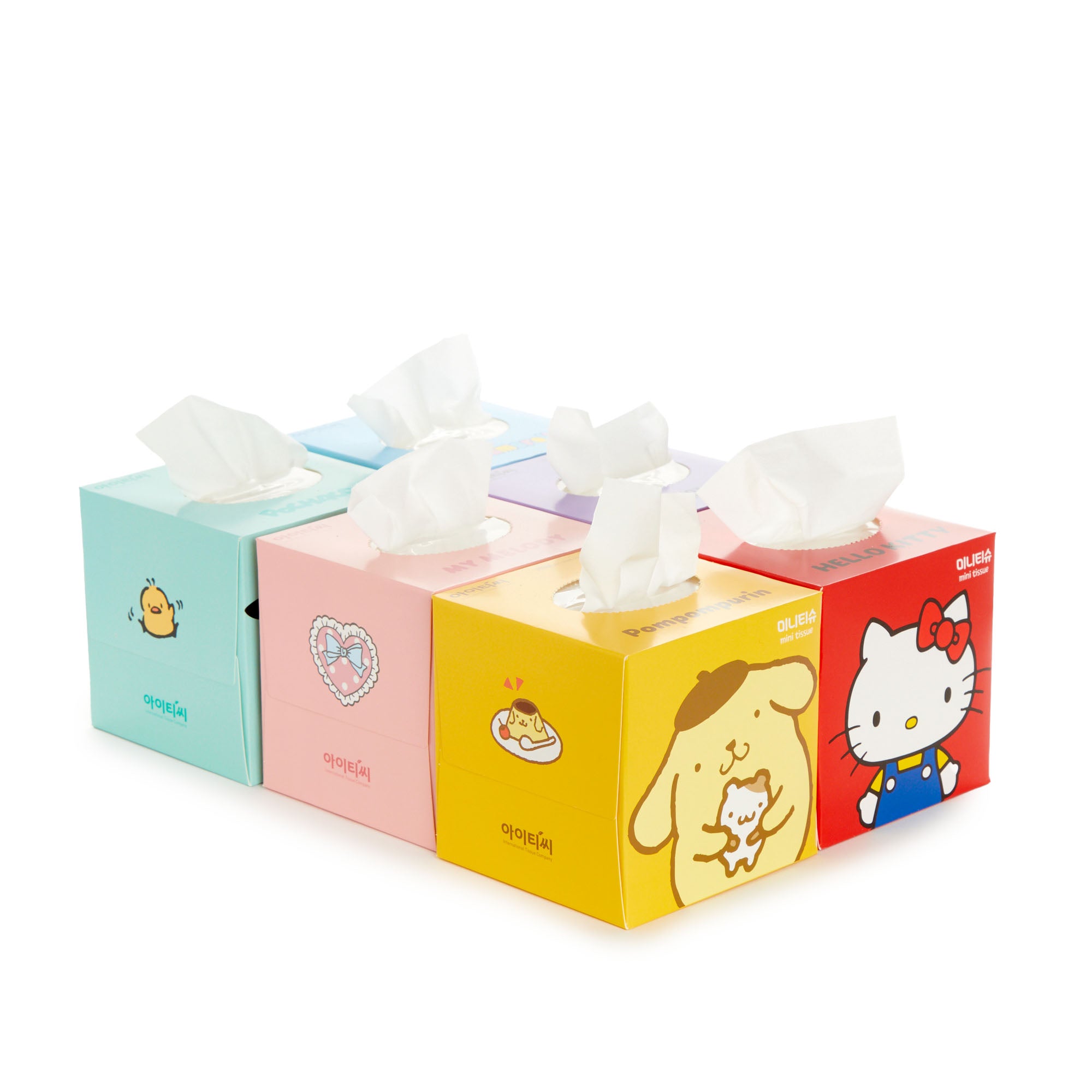 Hello Kitty mini tissue box with colorful Sanrio characters, ideal for desk or travel