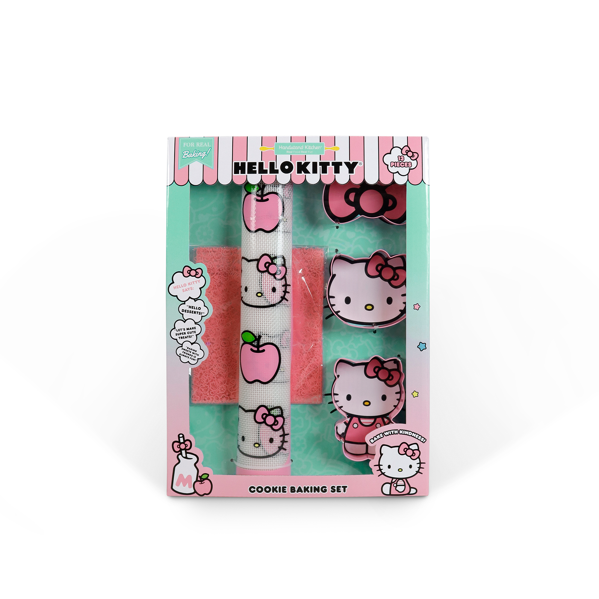 Hello Kitty cookie cutters arranged on silicone baking mat