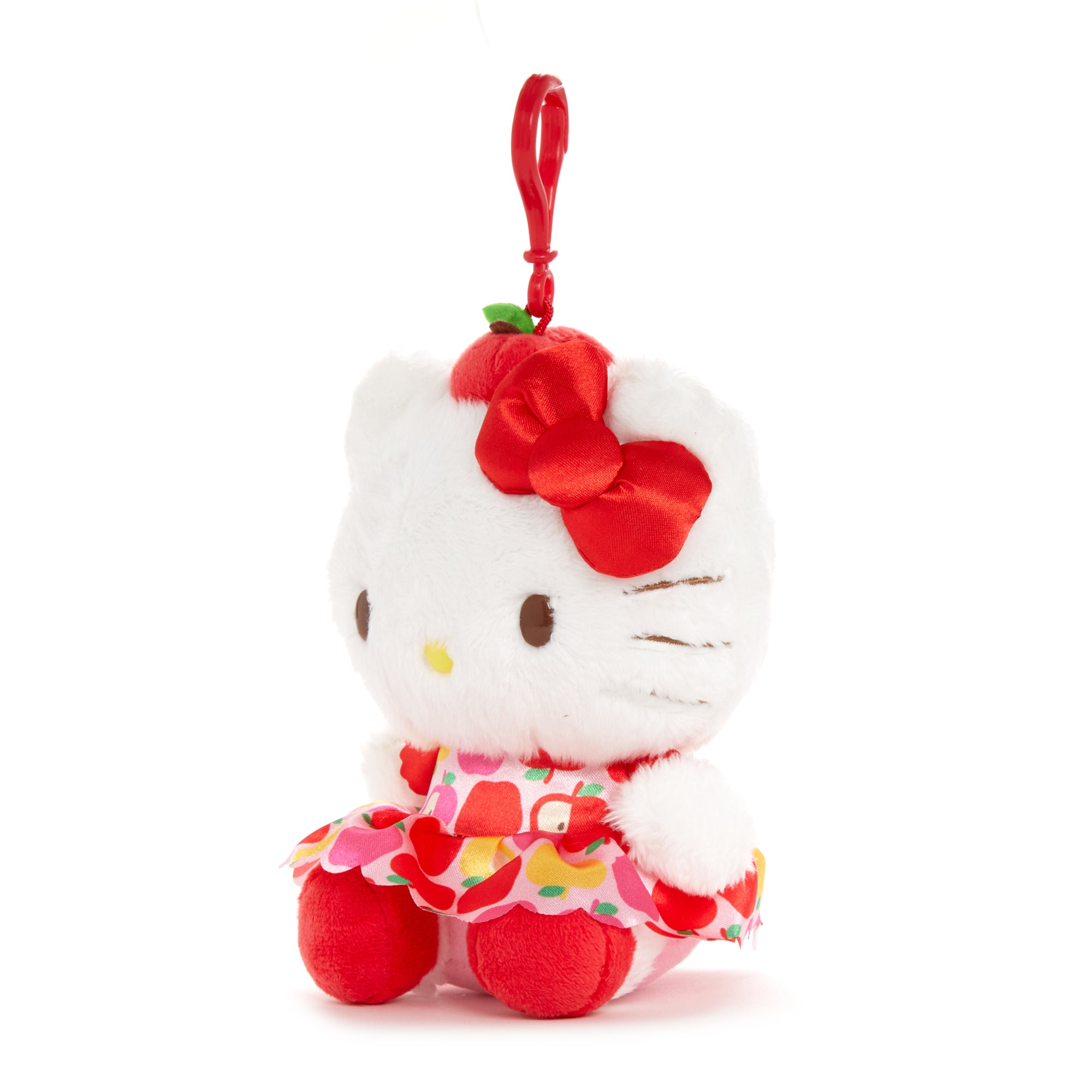 Hello Kitty 5 apples tall plush toy with clip attachment, side angle
