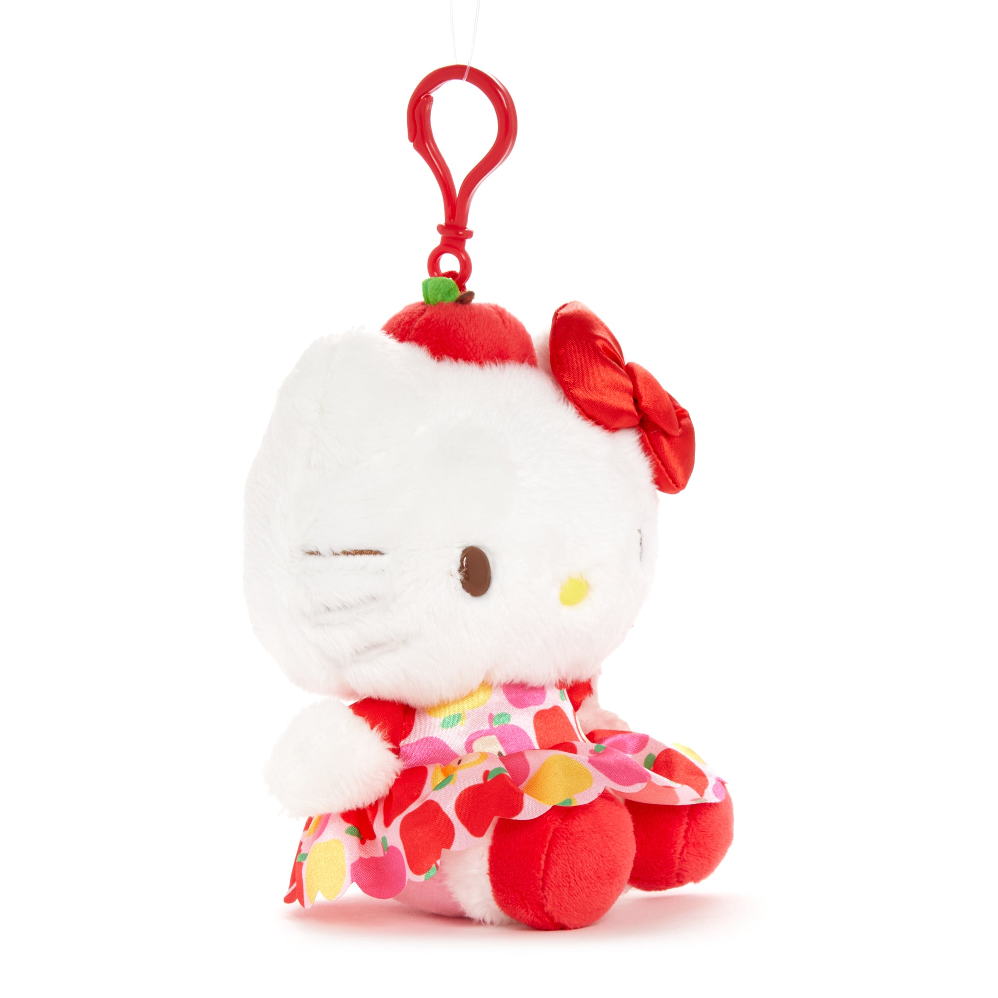 Cute Hello Kitty plush mascot clip with apple hat and dress, perfect for hello kitty plush backpack