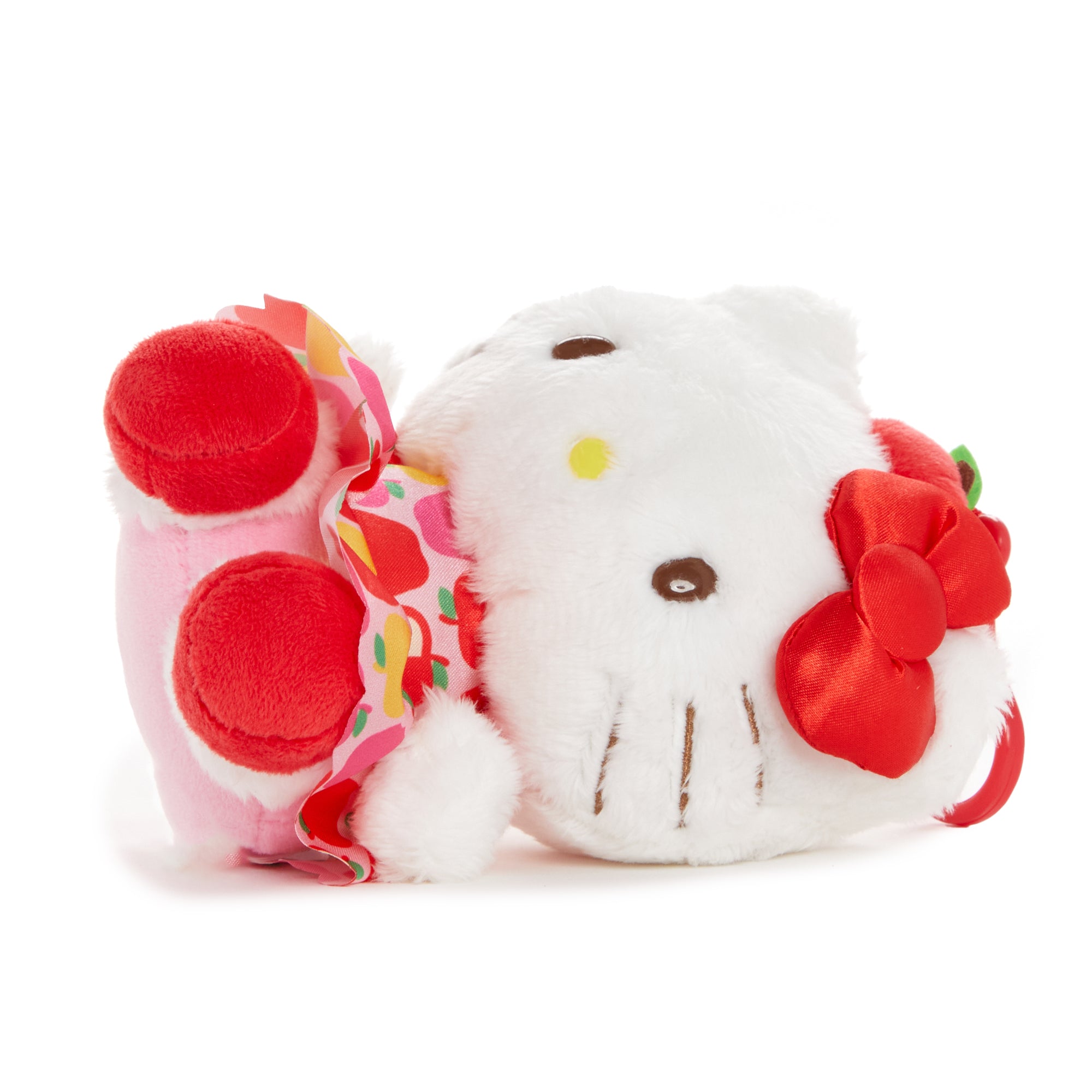 Hello Kitty 5 apples tall plush toy with clip attachment, side angle