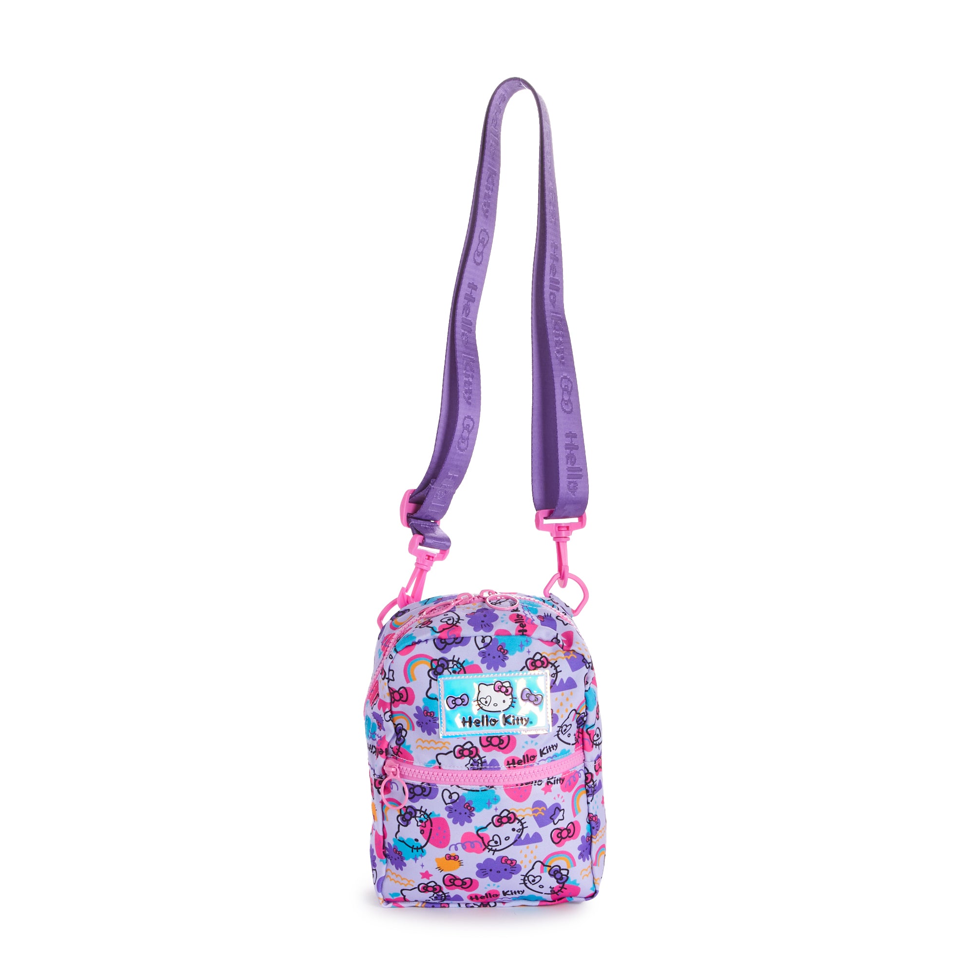 Top-down angle showing adjustable shoulder strap and interior of Hello Kitty mini designer bag
