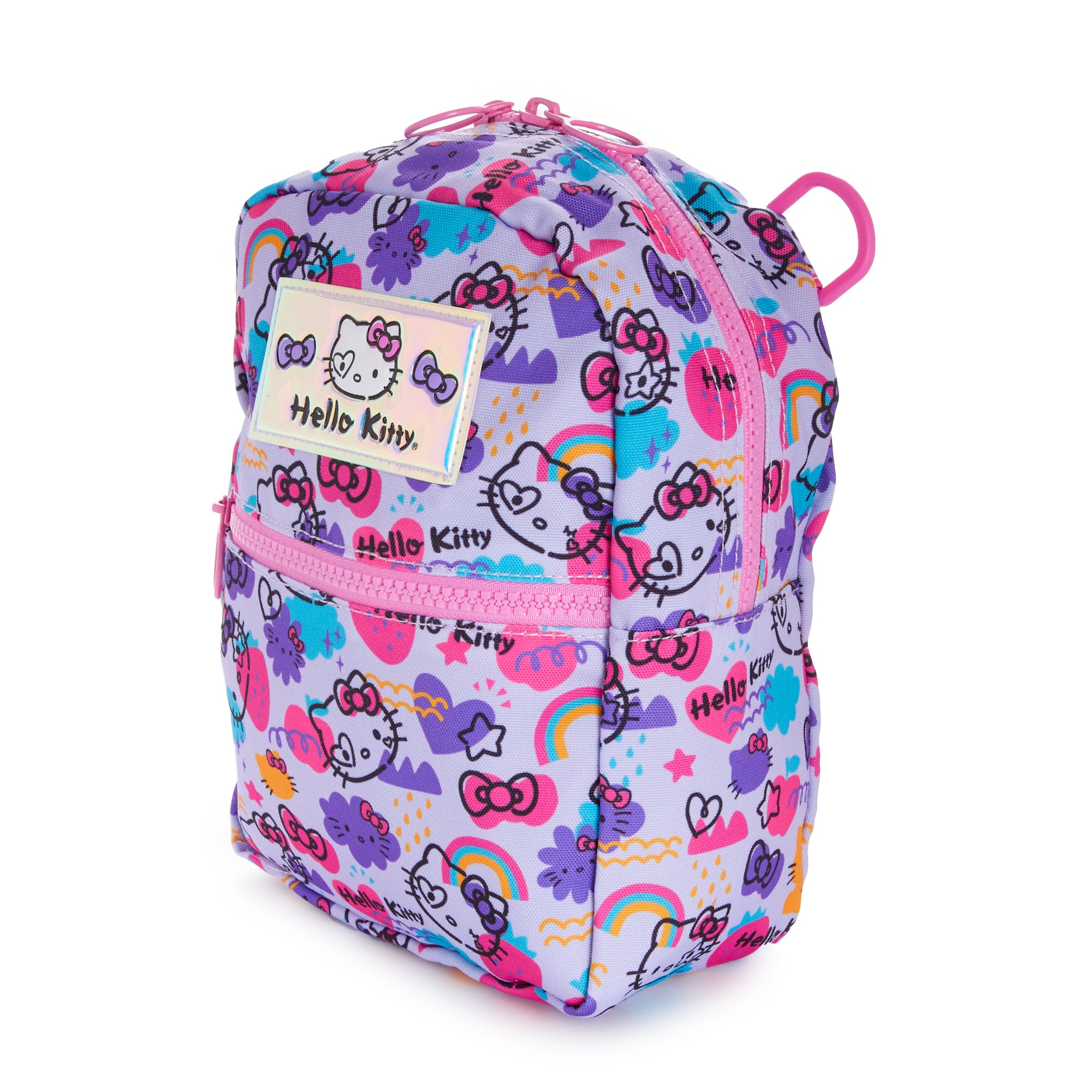 Top-down angle showing adjustable shoulder strap and interior of Hello Kitty mini designer bag