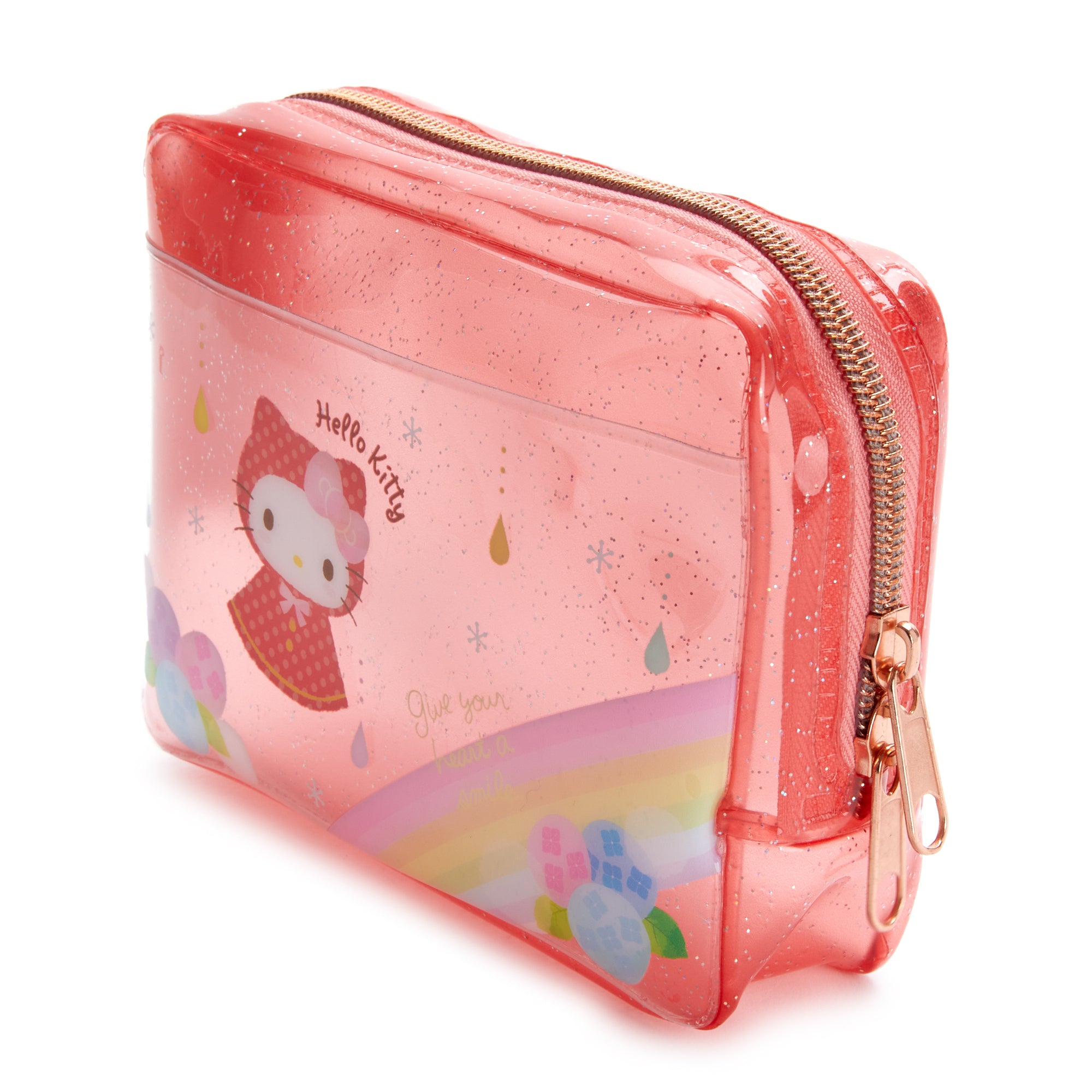 Cute makeup bag with Hello Kitty design and glitter details