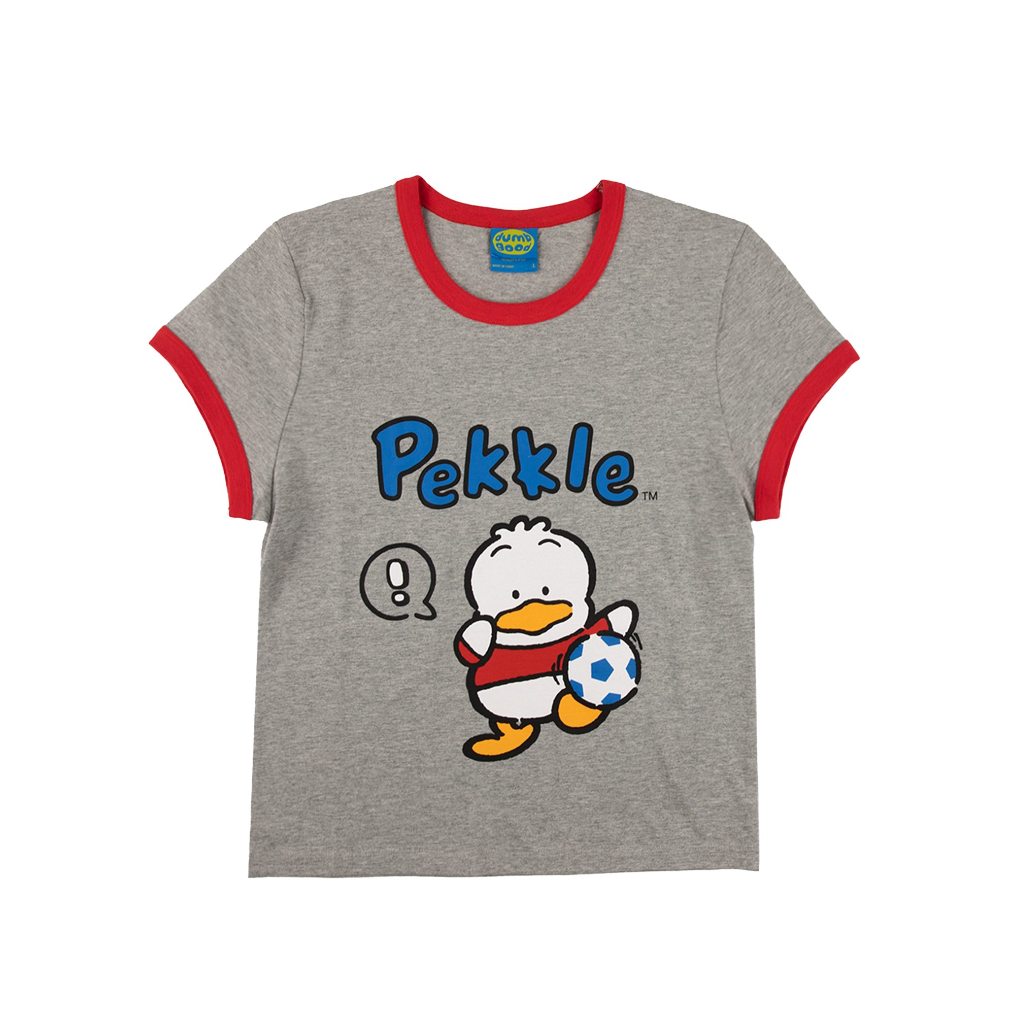 Front view of the Pekkle x Dumbgood grey ringer baby tee showing red piping and short sleeves