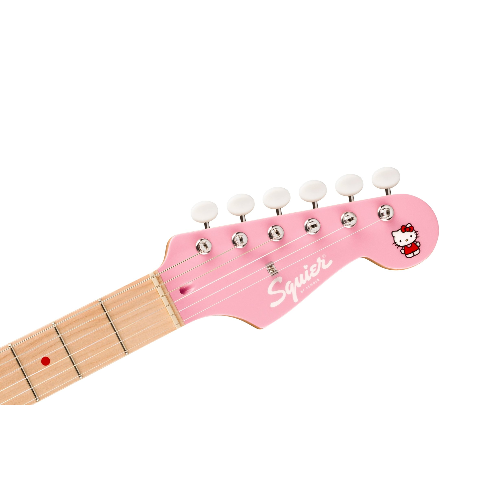 Hello Kitty Fender guitar accompanied by a deluxe gig bag.