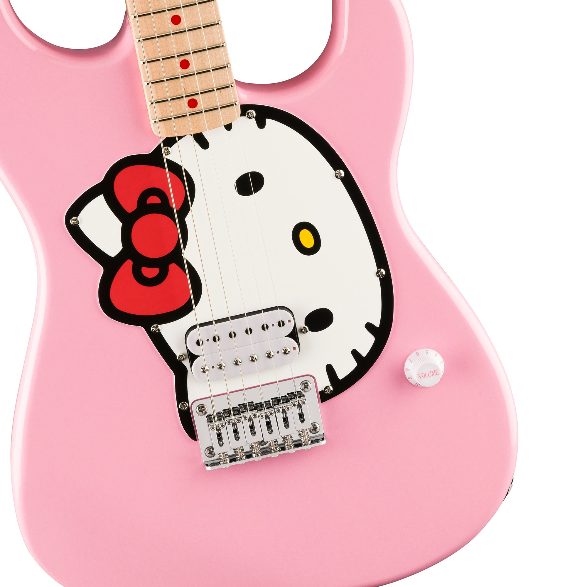 Close-up of the Hello Kitty guitar strap featuring playful designs.