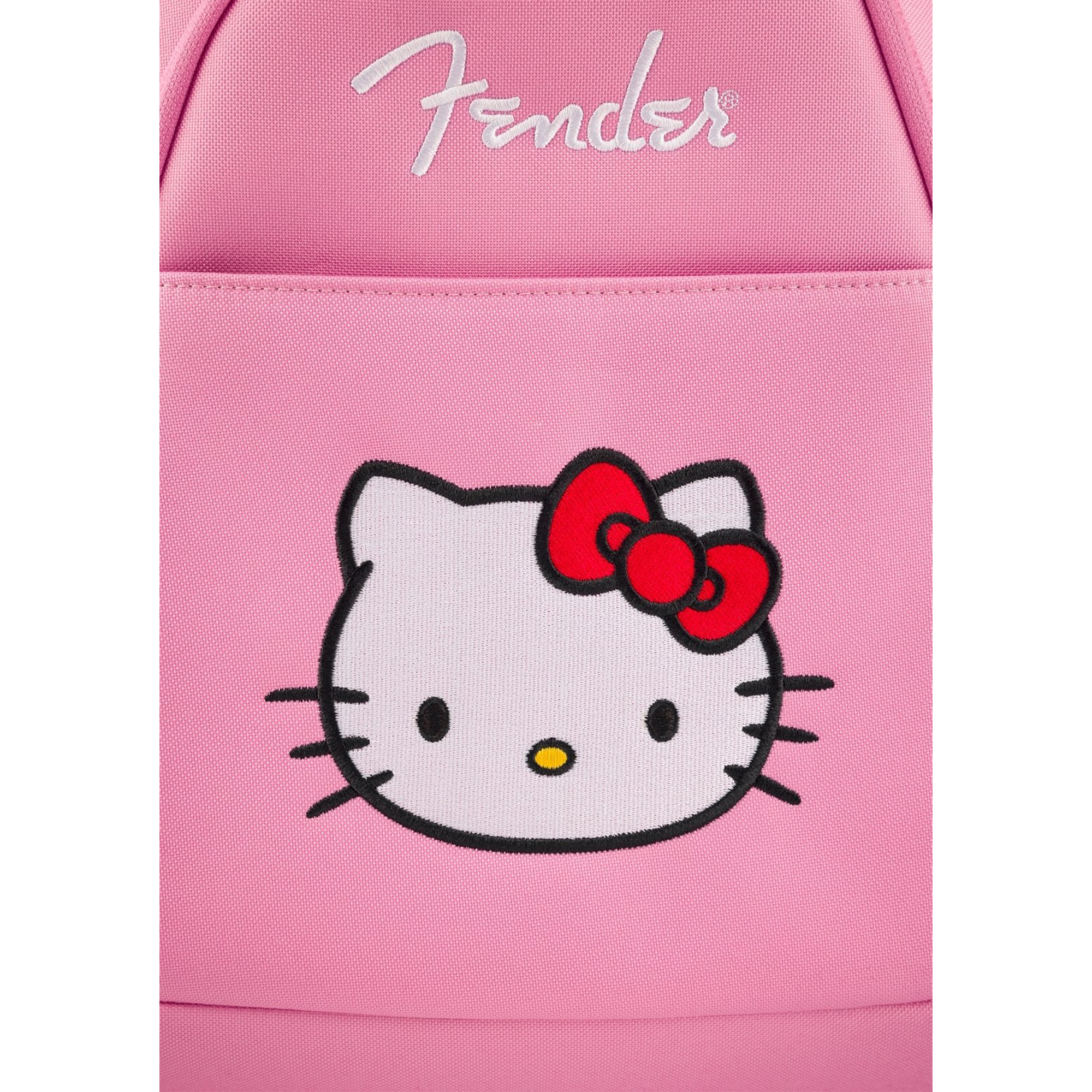 Front view of Hello Kitty Fender gig bag showcasing pink design and exterior pocket