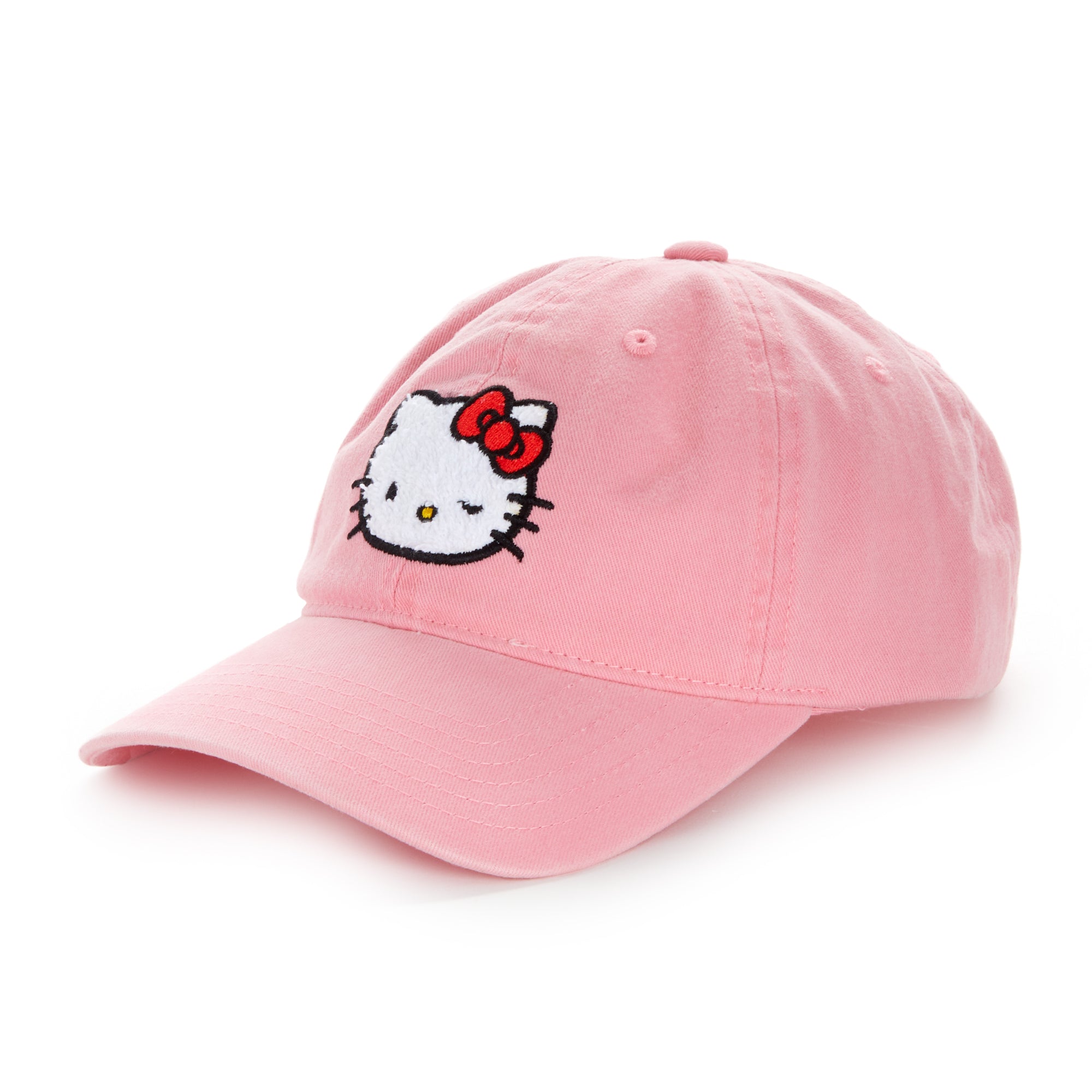 Close-up of embroidered Hello Kitty logo on pink baseball hat with vintage wash