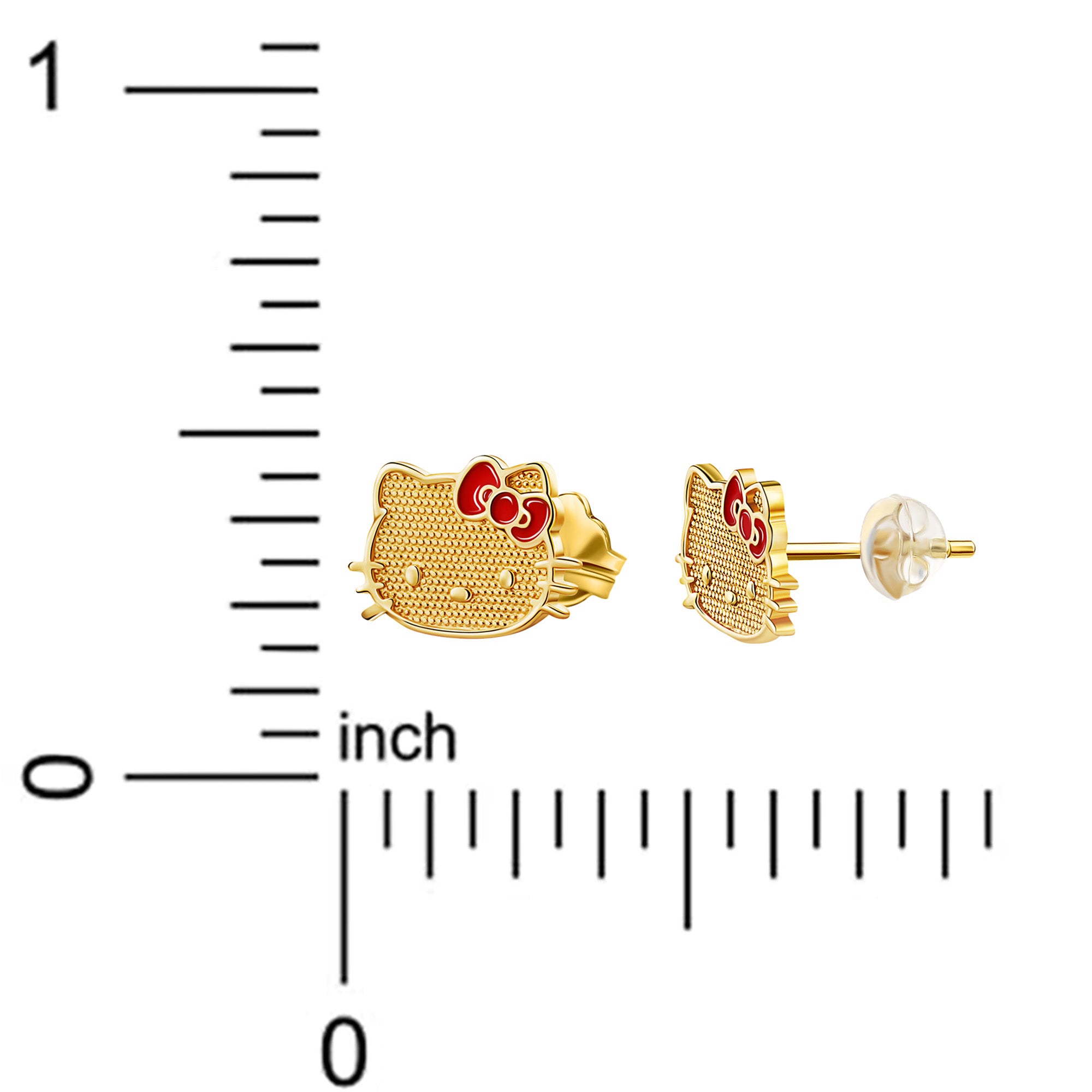 Close-up of Hello Kitty stud earrings showing gold finish and red enamel bow
