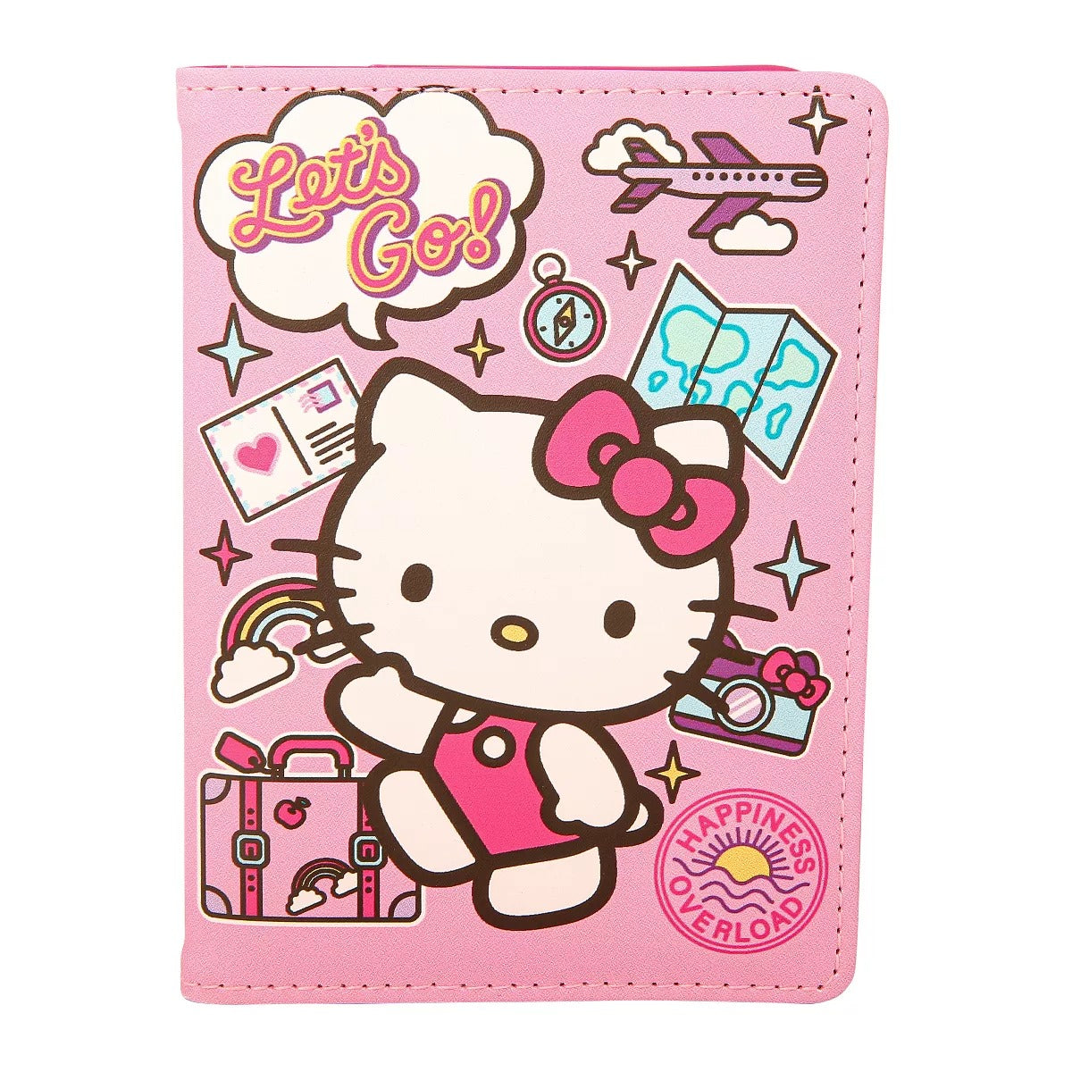 Close-up of Hello Kitty passport holder’s collage artwork and pink interior