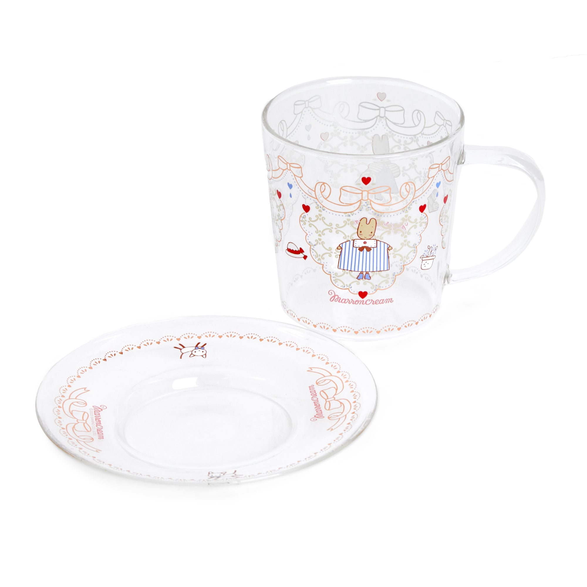 Close-up of the Marron Cream glass saucer set with decorative details.