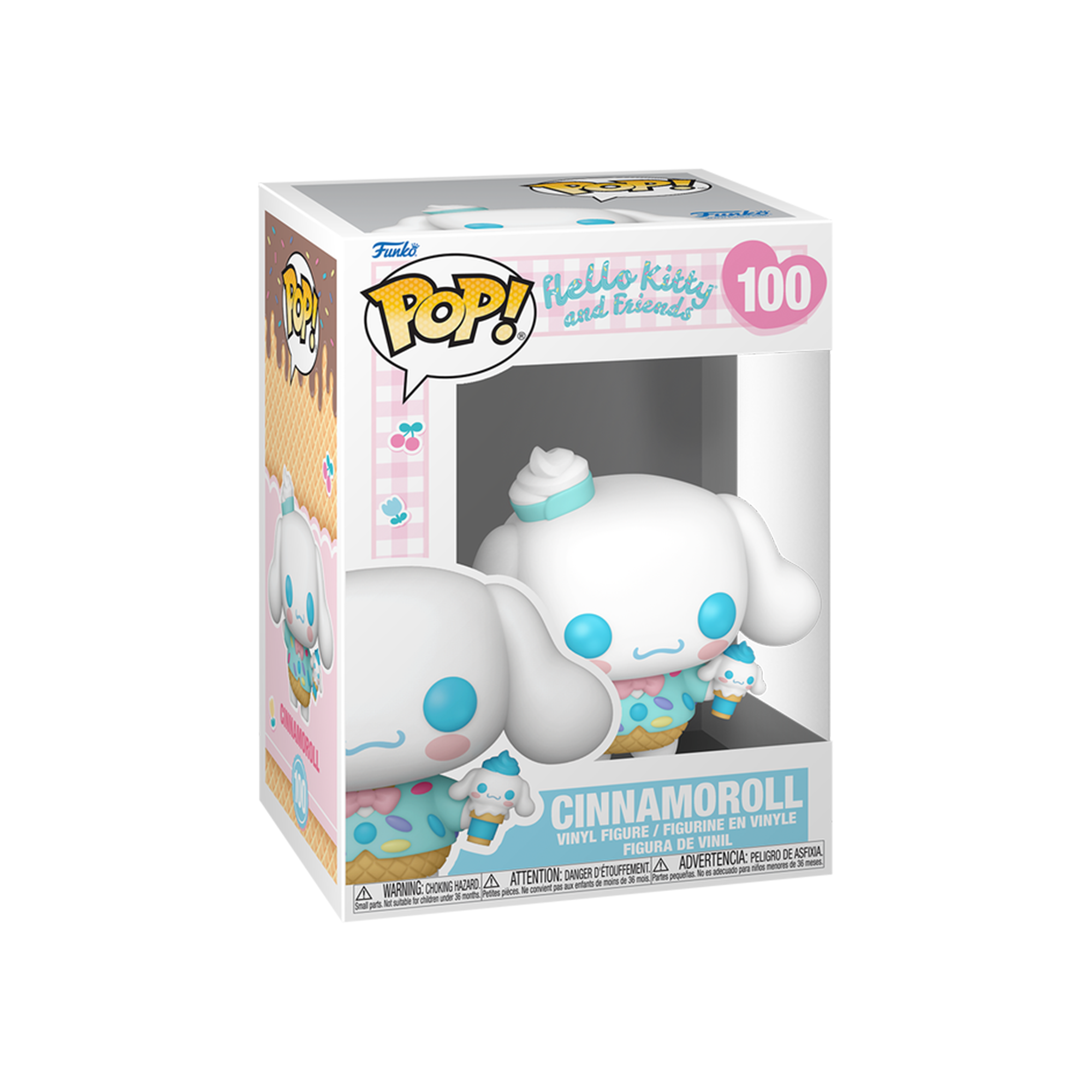 Cinnamoroll Funko Pop displayed on a sunny shelf with other hello kitty collectibles