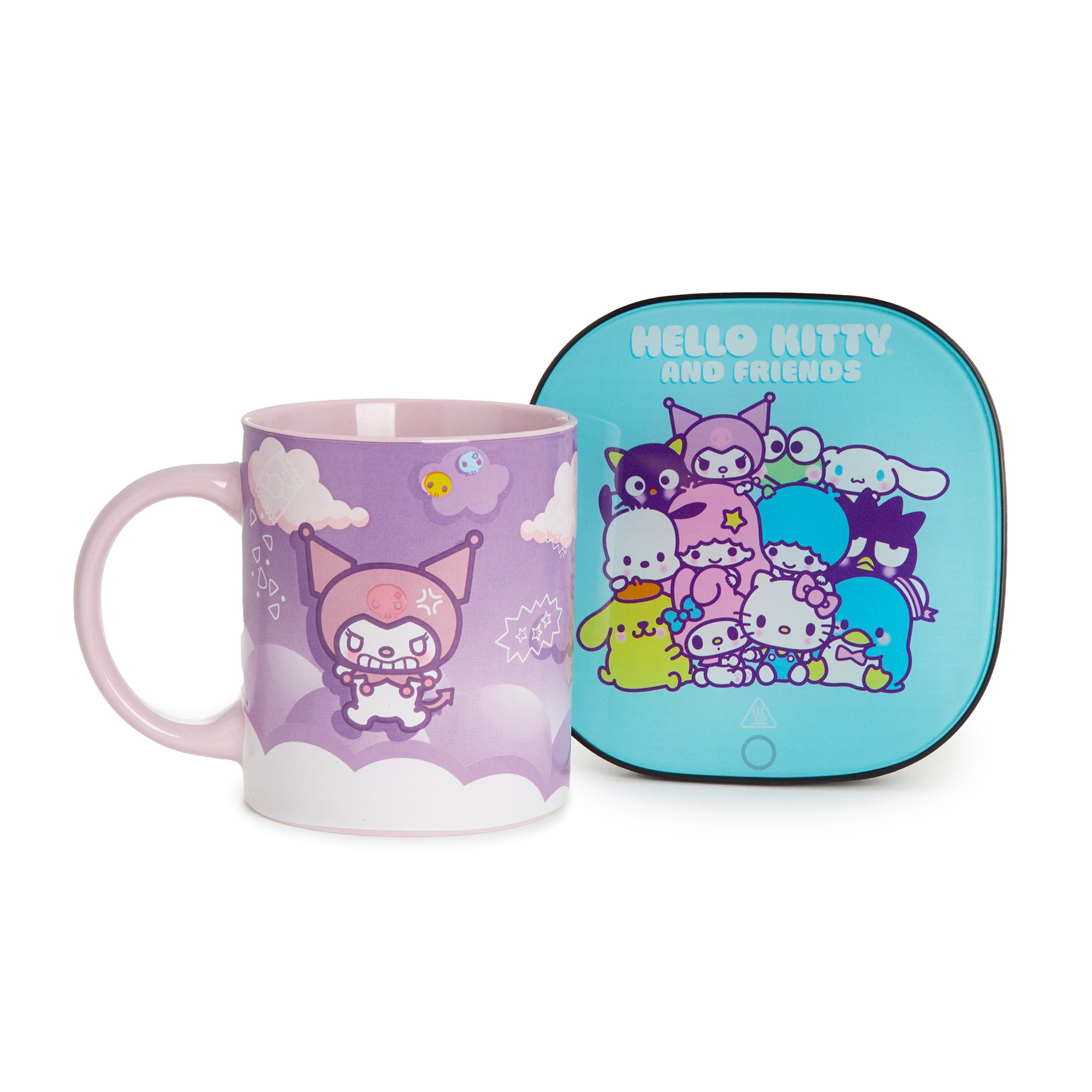 Kuromi mug warmer set with a cup of coffee on a wooden desk