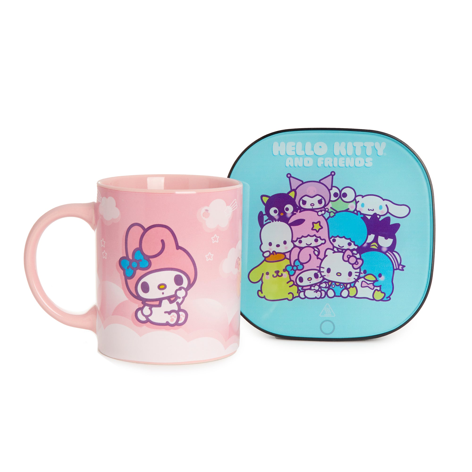 Top-down view of My Melody coffee mug warmer set on a desk with steam rising from the mug
