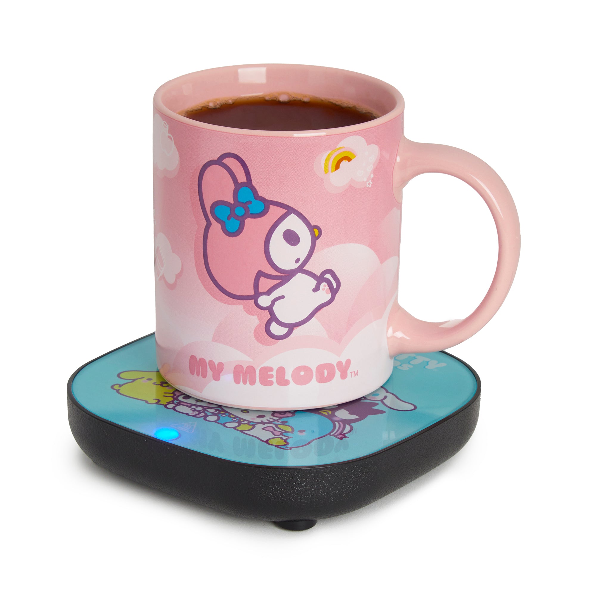 Side angle of hand warmer coffee mug in use, showing steam and glowing warmer base