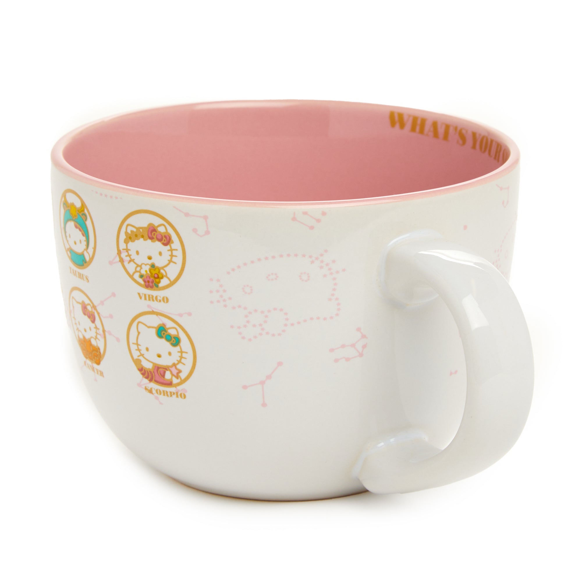 Mug in use with steam rising from hot coffee, highlighting zodiac artwork.