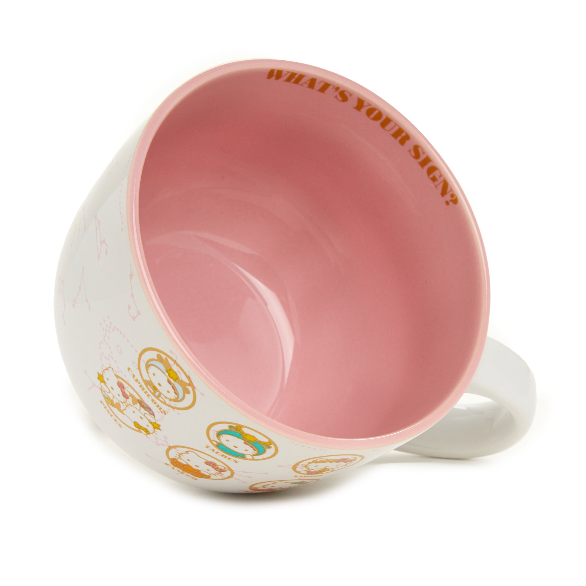 Front view of Hello Kitty zodiac mug featuring Libra and celestial patterns.
