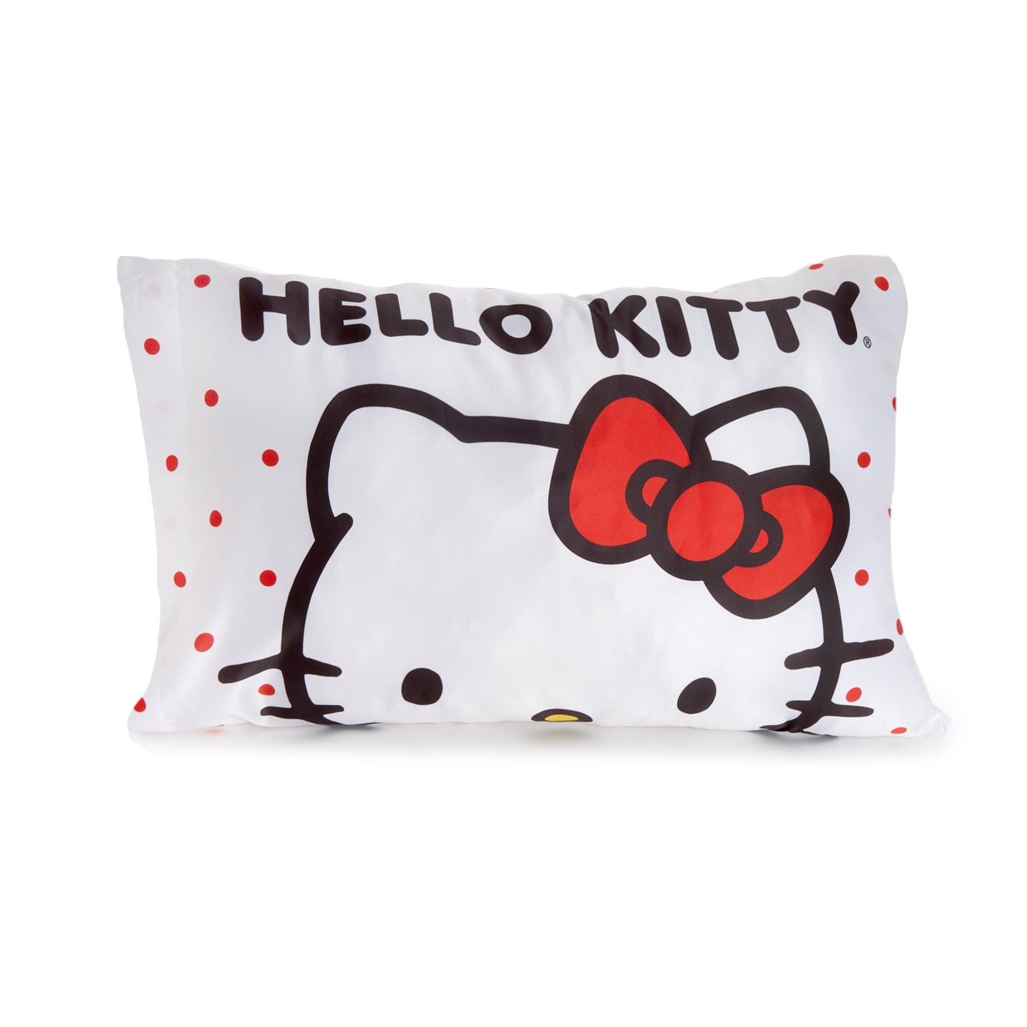 Hello Kitty satin pillowcase on a bed, displaying its luxurious satin finish