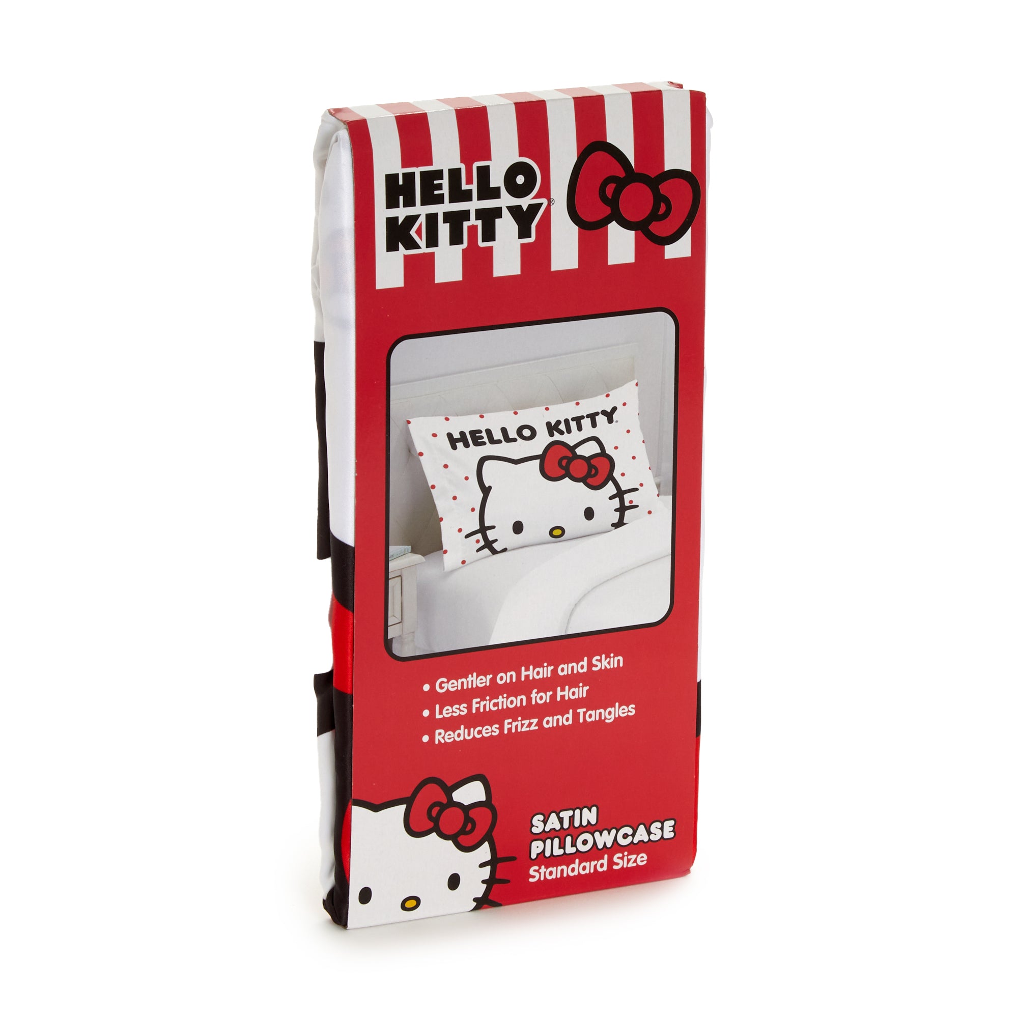 Reversible Hello Kitty satin pillowcase being placed on a pillow, demonstrating its standard size fit