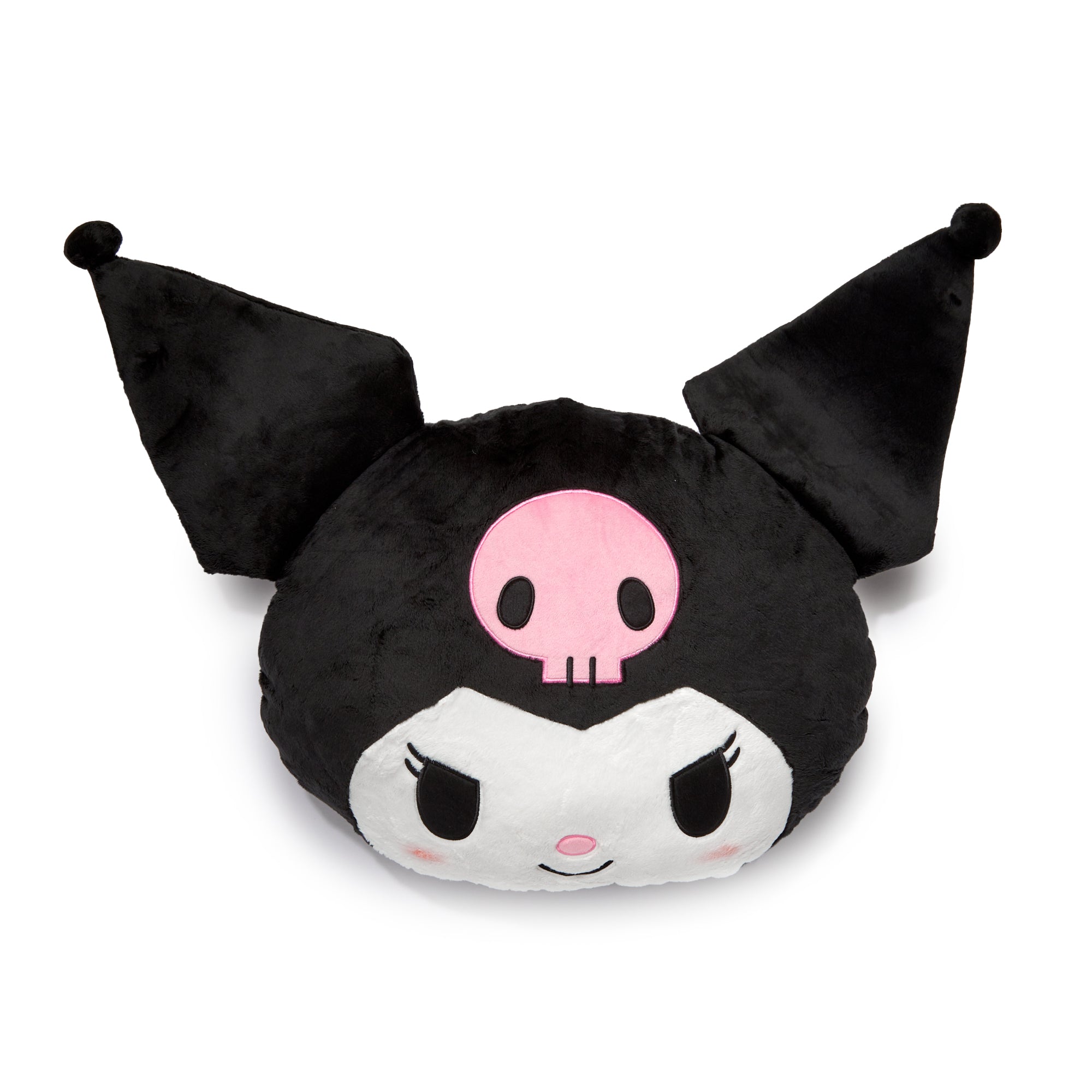 Kuromi plush displayed on a cozy bed, showcasing oversized face design