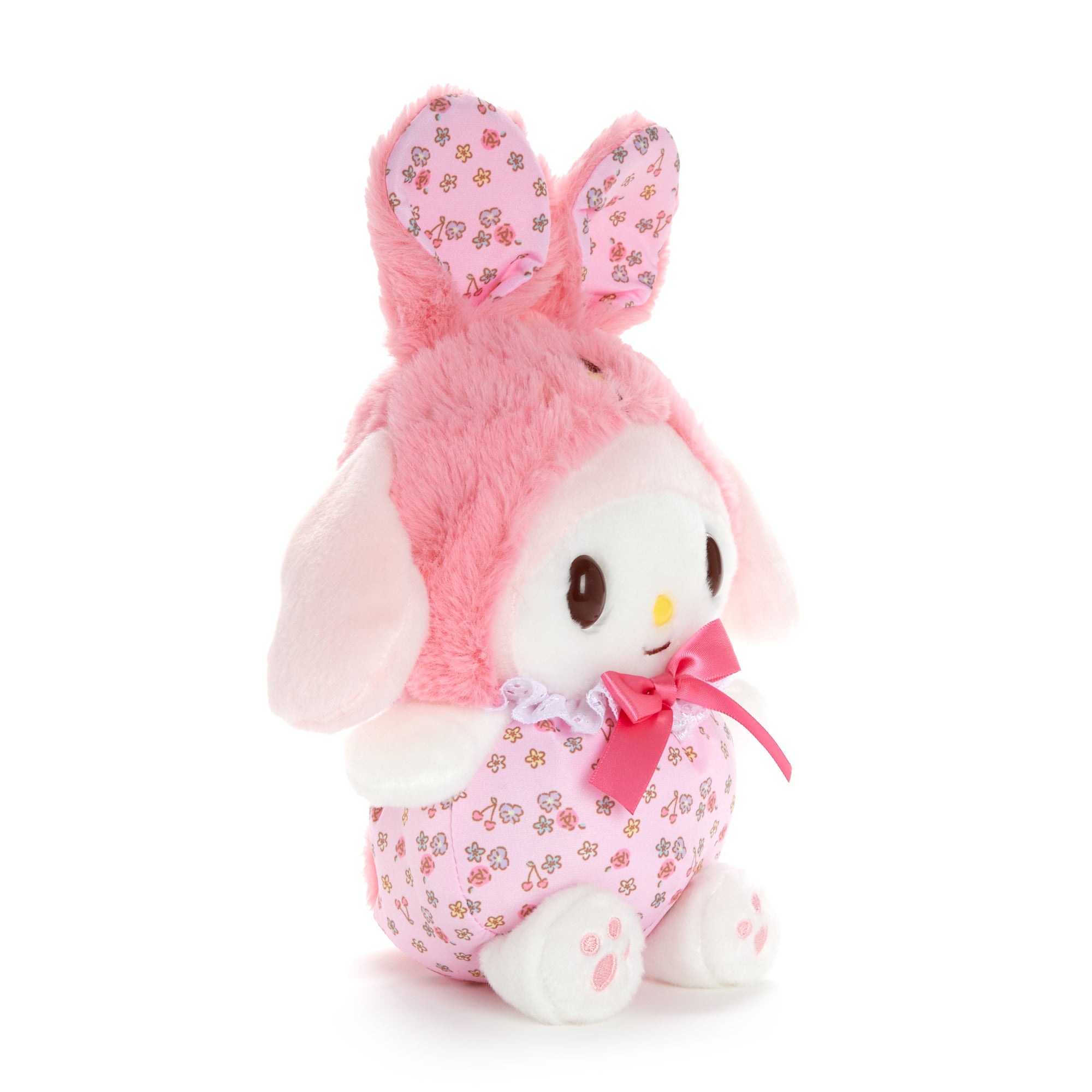 Side view of Sanrio Darling Daisies plush showing ribbon and ruffle details