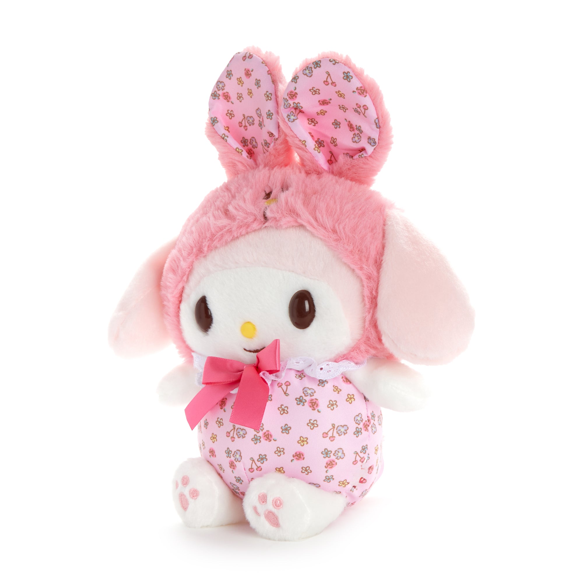 My Melody rabbit costume plush held in hands to showcase soft texture