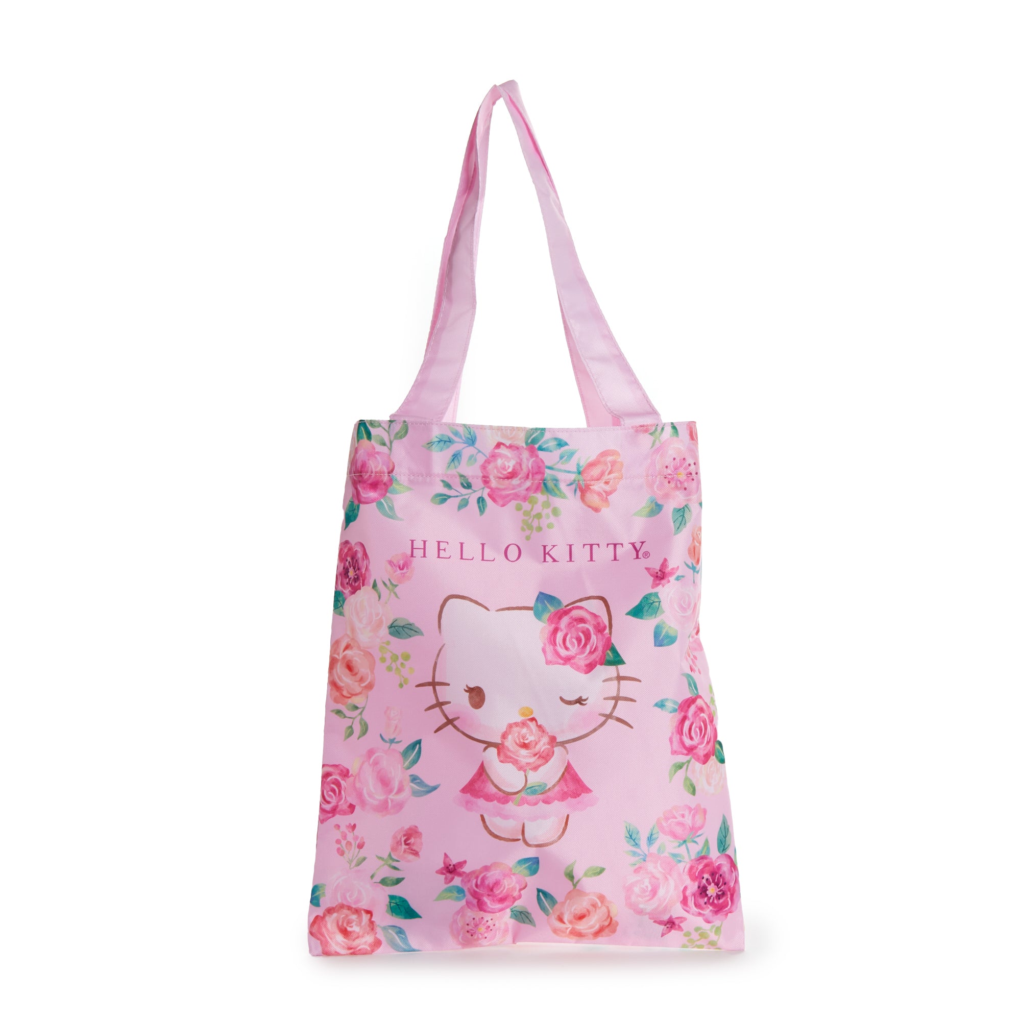 Front view of Hello Kitty tote bag with all-over character print and spacious interior
