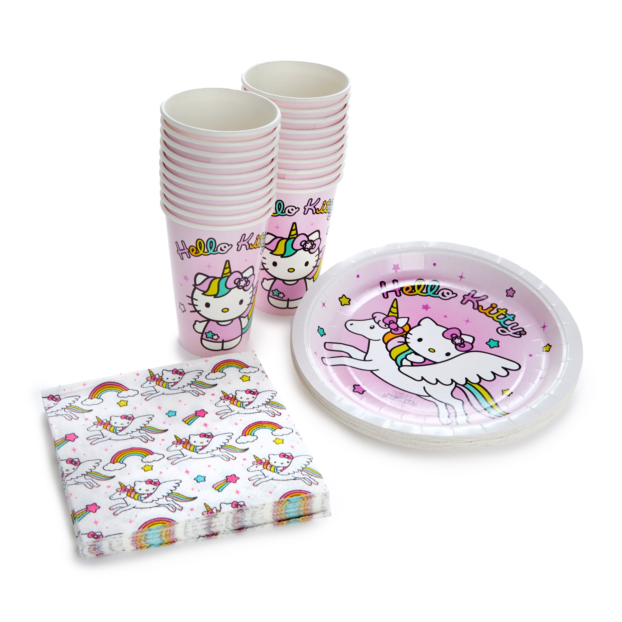 Hello Kitty unicorn party pack displayed on a festive table setup