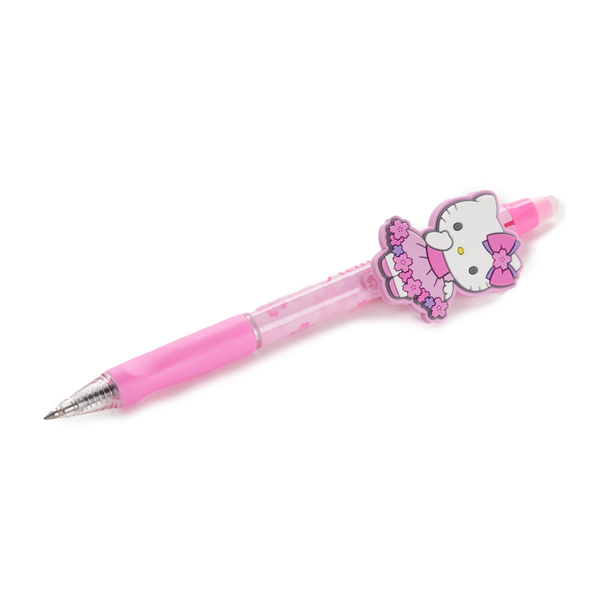 Close-up of Hello Kitty Sakura ballpoint pen on a desk, ideal for writing notes.