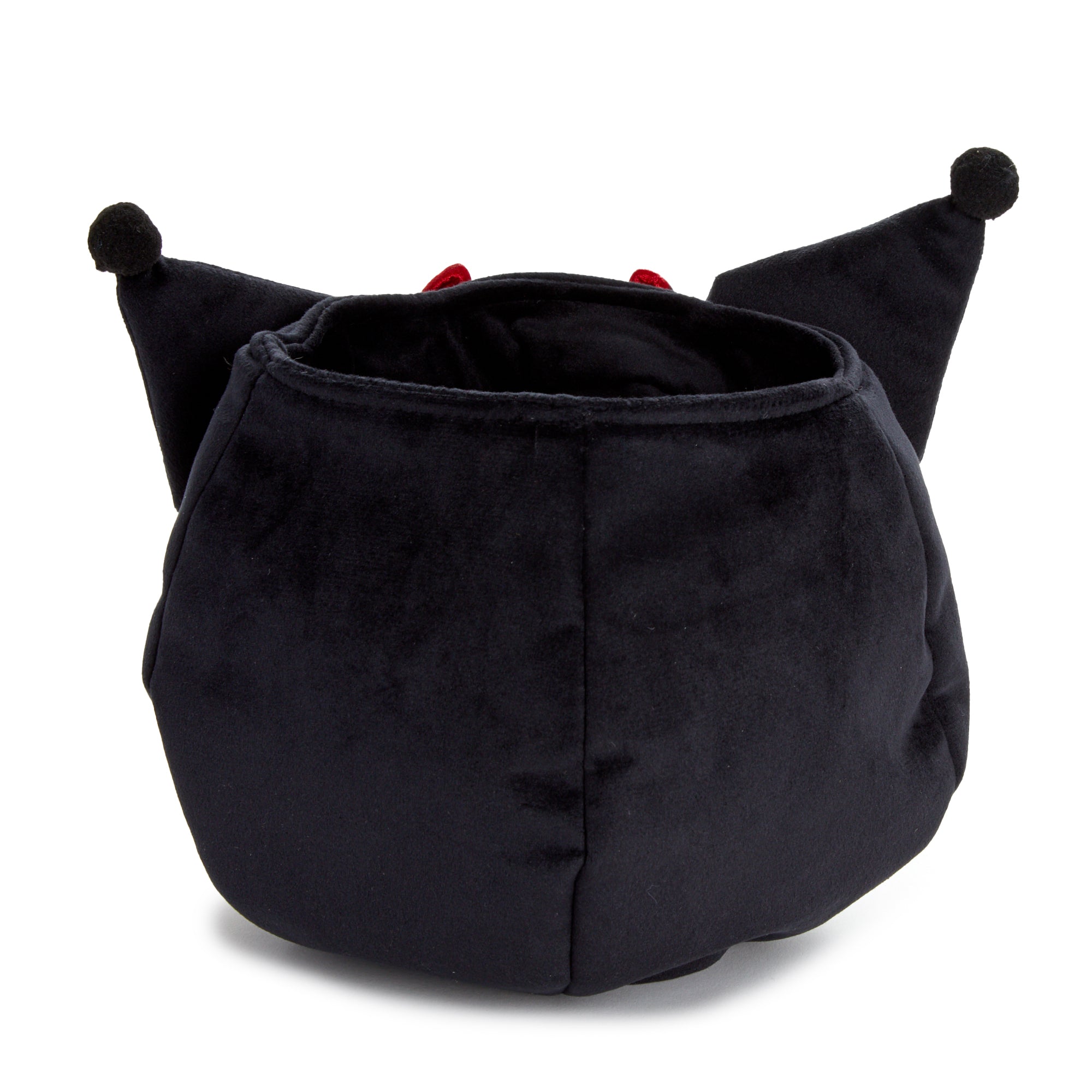 Close-up of Kuromis face on the drawstring bag with embroidered details