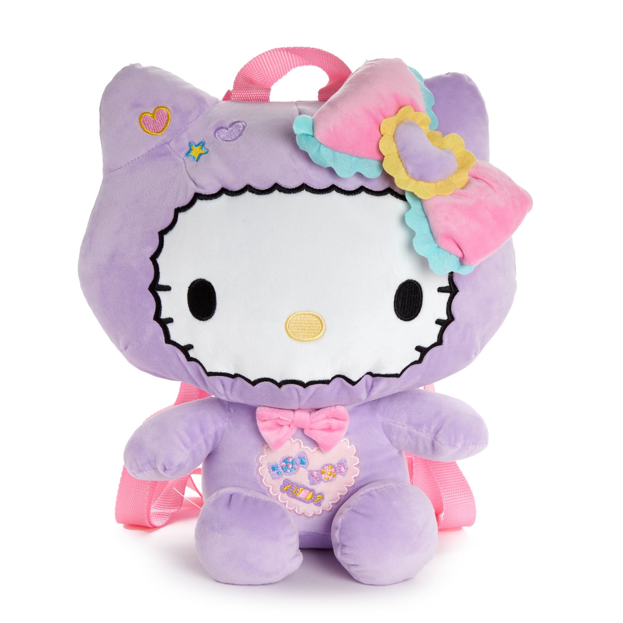 Hello Kitty plush backpack with candy-inspired outfit and embroidered details