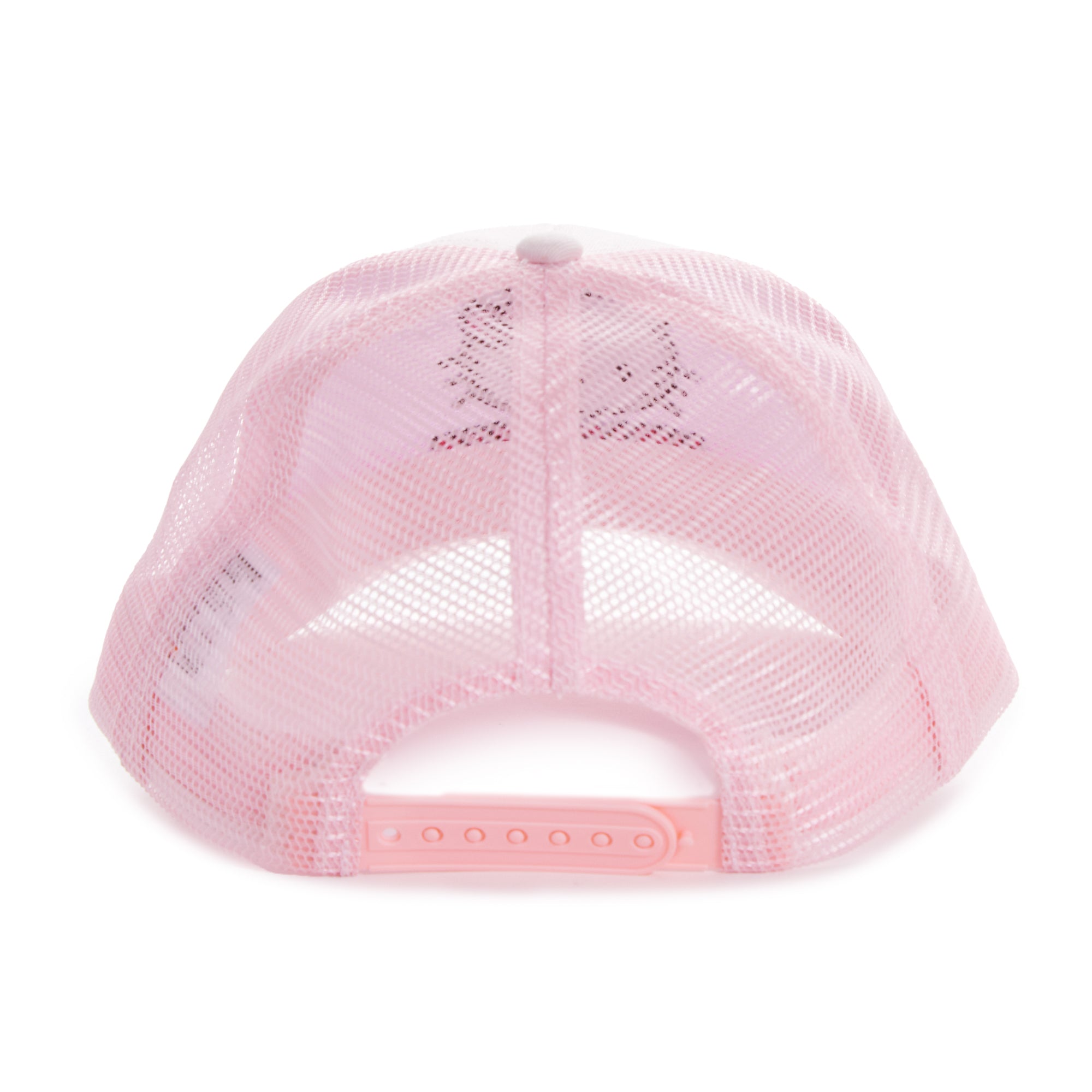 Front view of Hello Kitty pink snapback trucker hat with winking design.