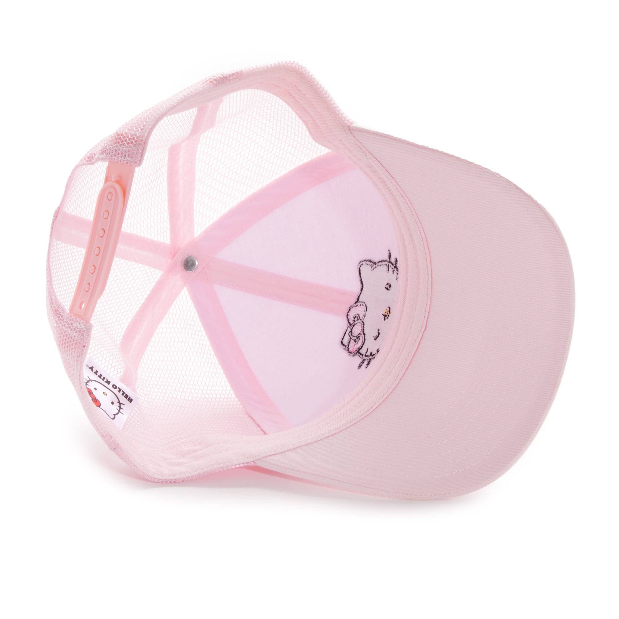 Side view of adjustable Hello Kitty trucker hat, showcasing its pink color.