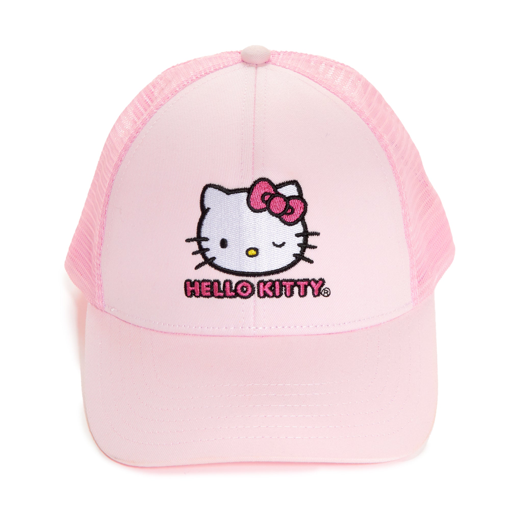 Front view of the pink Hello Kitty trucker hat with a cute design.