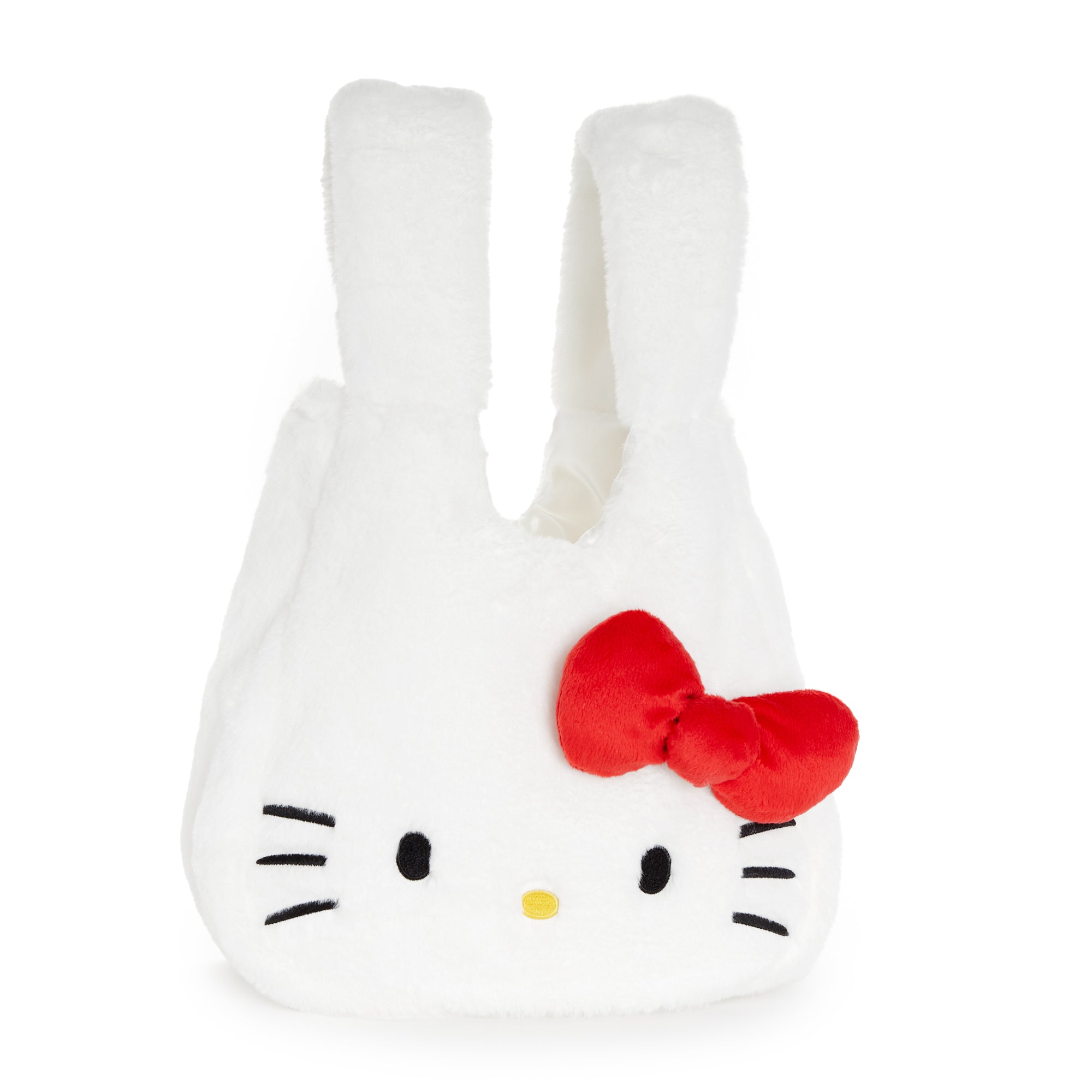 Close-up of Hello Kitty embroidery on plush tote bag
